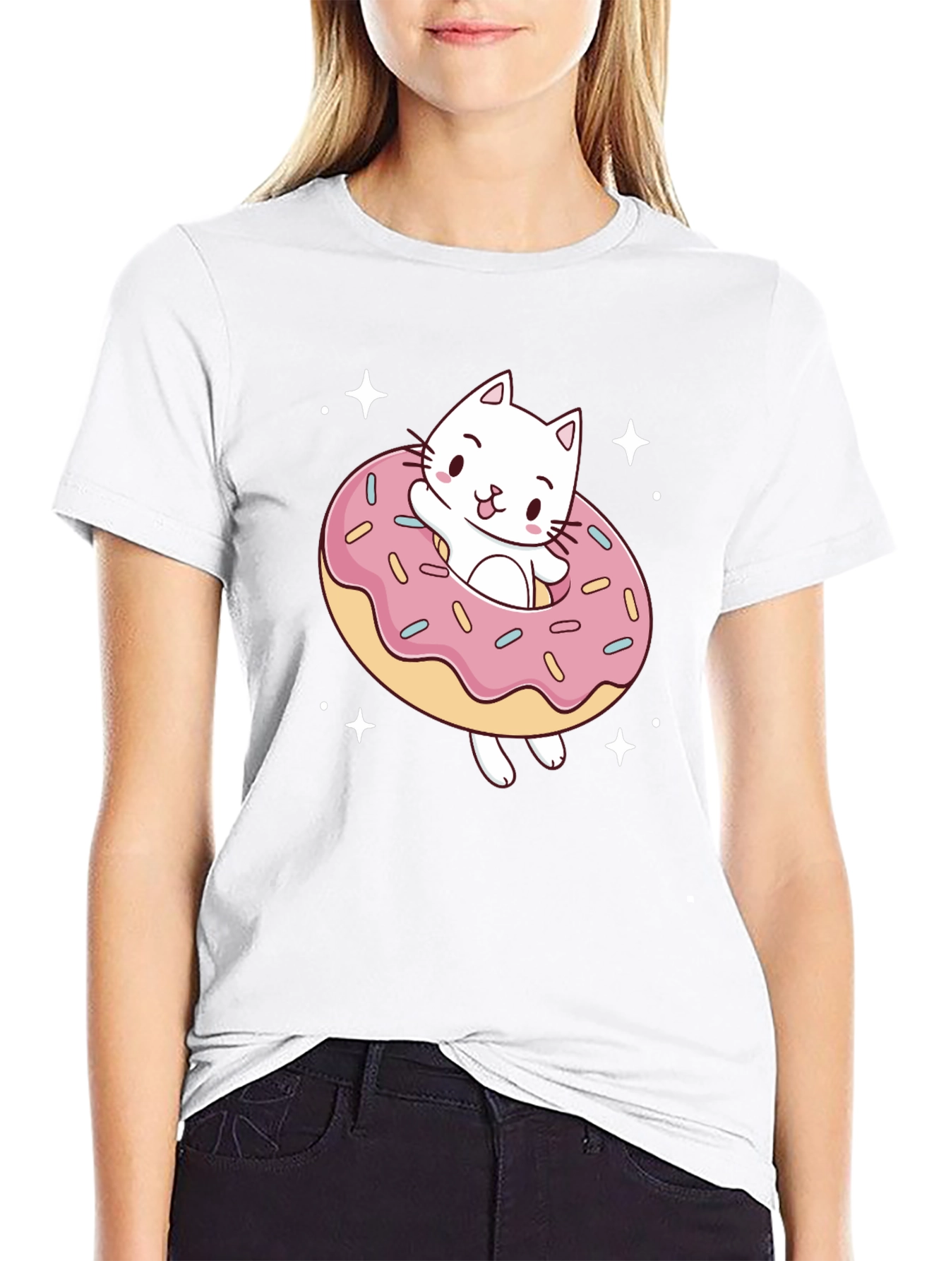 Cat Donut Graphic Tee - Black Cotton T-Shirt