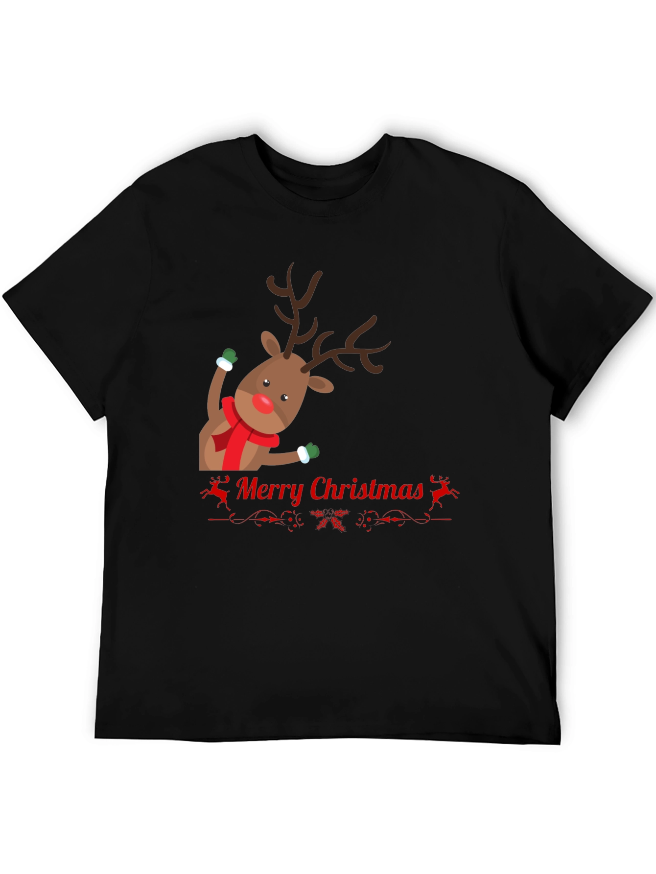 Festive Reindeer Merry Christmas Black T-shirt