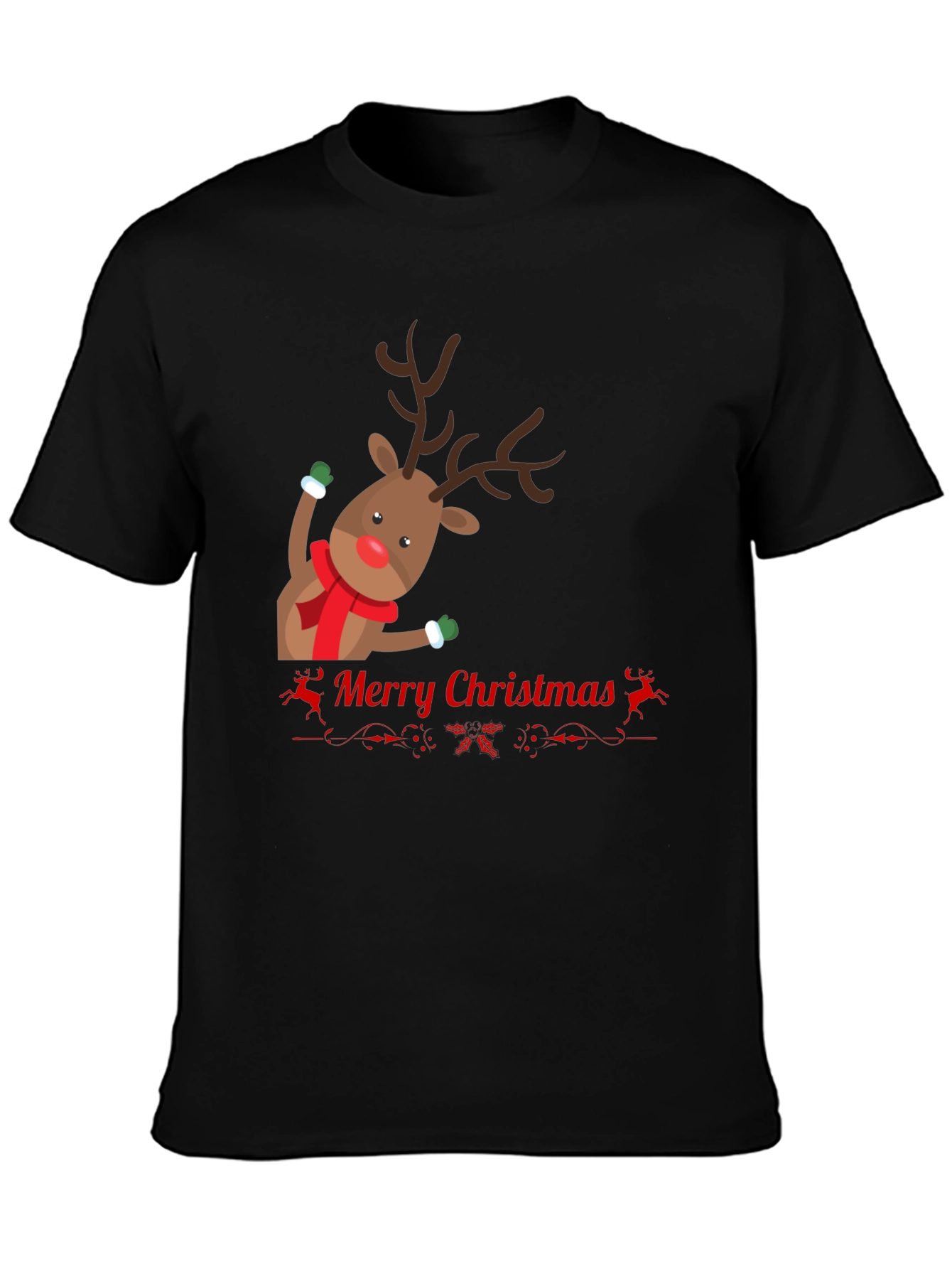 Festive Reindeer Merry Christmas Black T-shirt