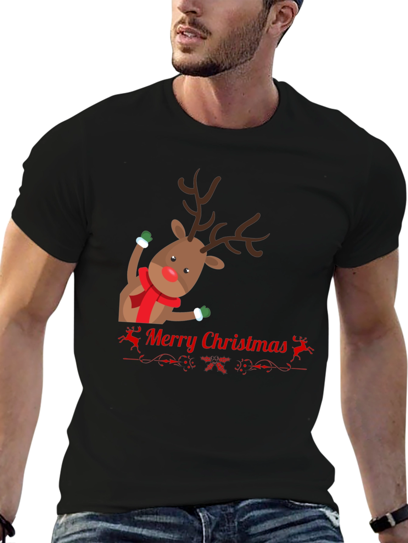 Festive Reindeer Merry Christmas Black T-shirt