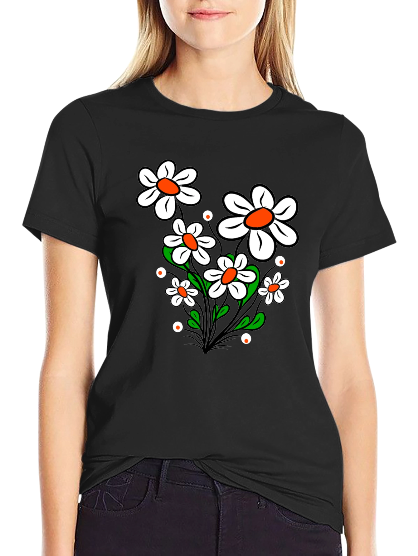 Daisy Flower Graphic Tee - Black Cotton T-Shirt