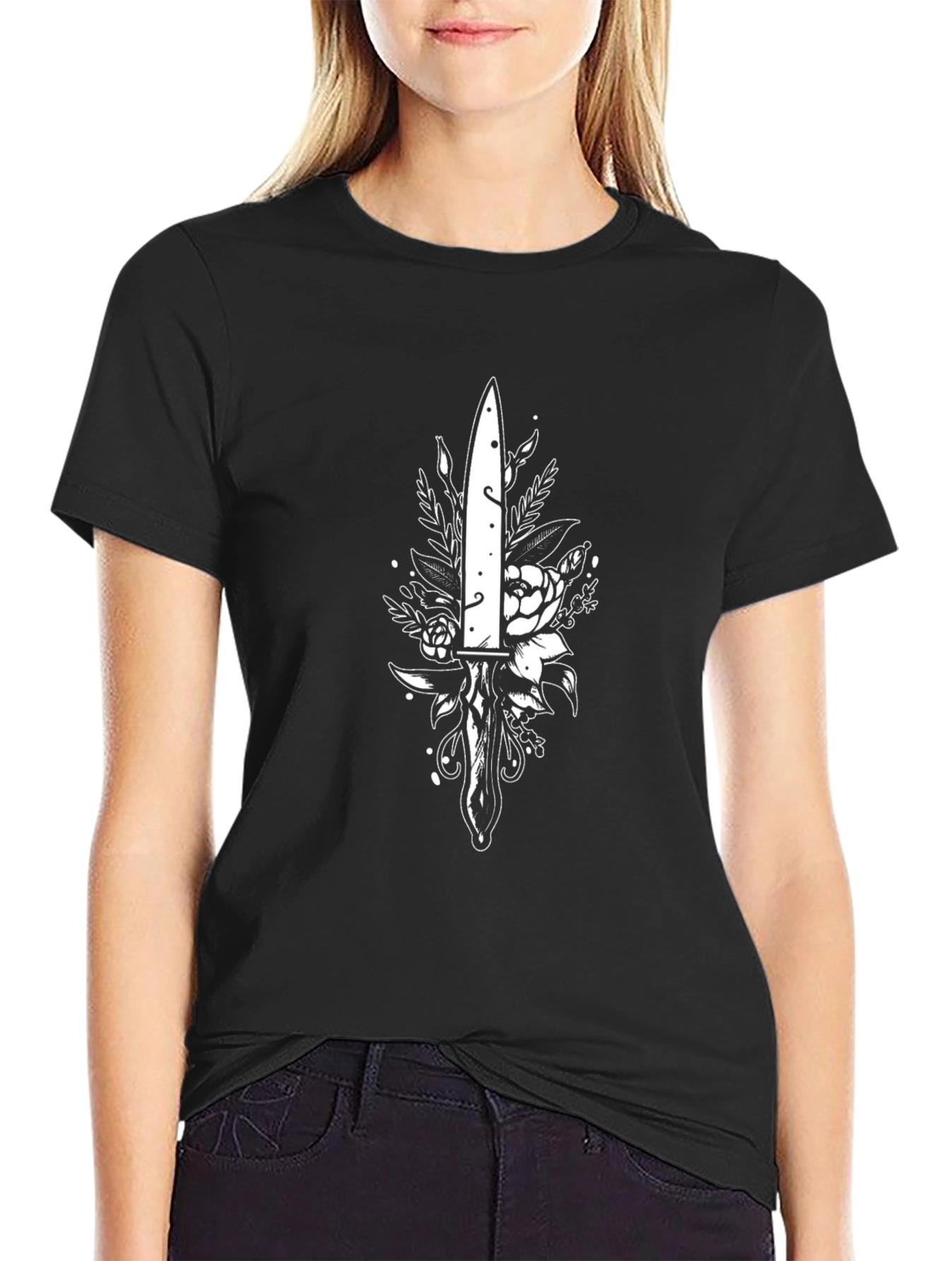 Dagger & Floral Print Black T-Shirt