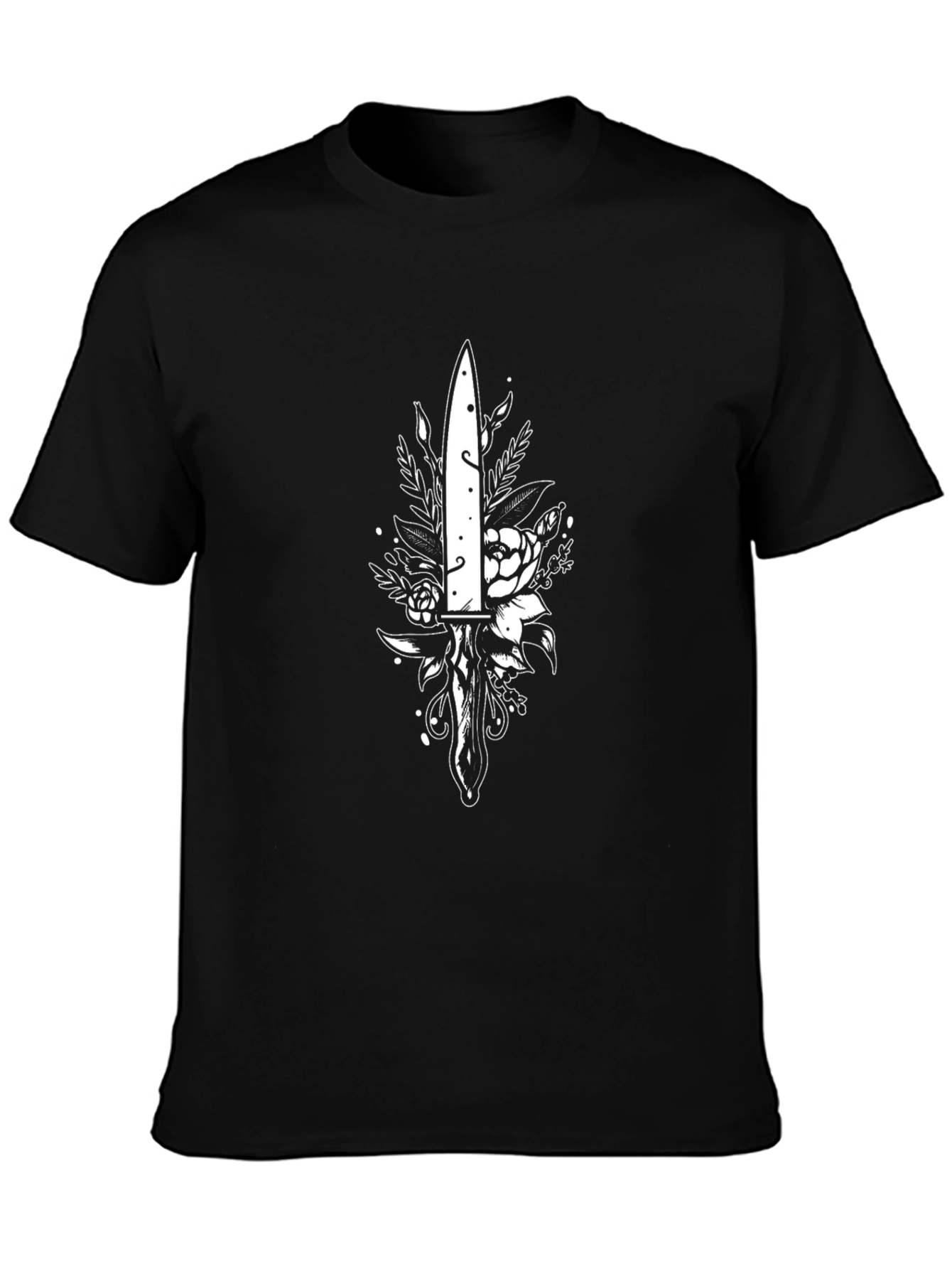 Dagger & Floral Print Black T-Shirt