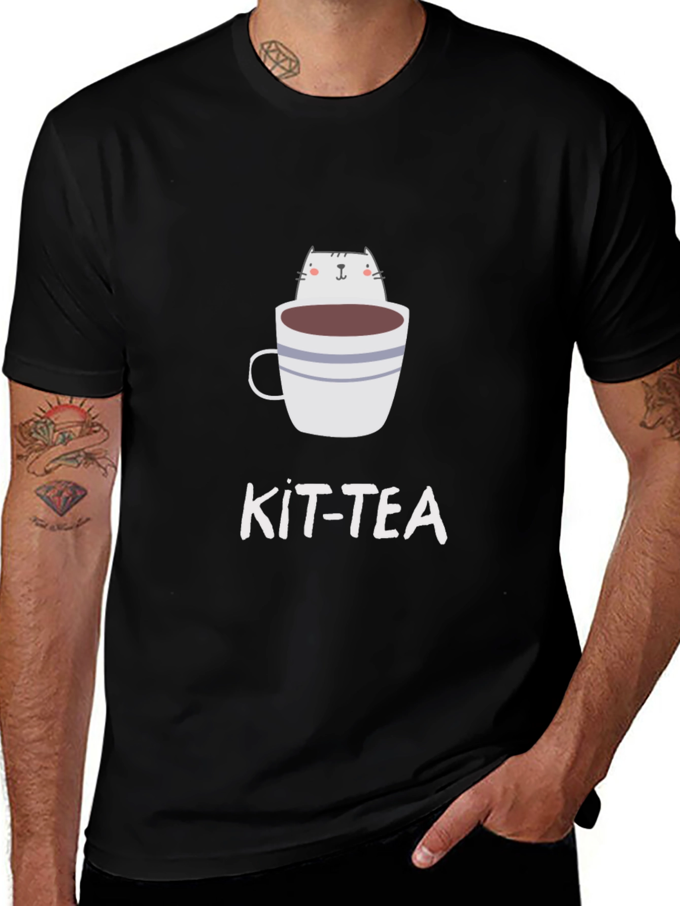 Kit-Tea Black T-Shirt - Cat in Cup
