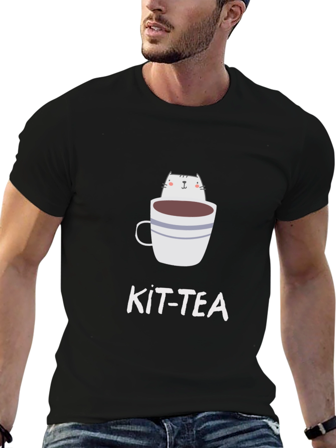 Kit-Tea Black T-Shirt - Cat in Cup