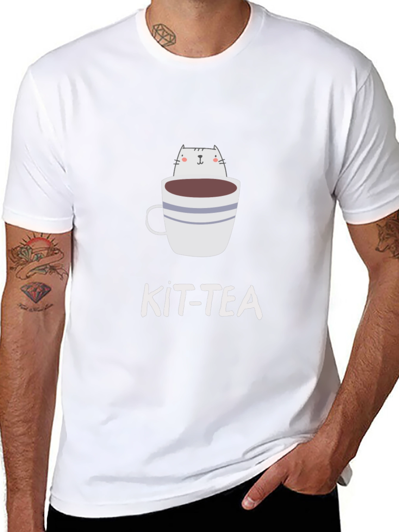 Kit-Tea Black T-Shirt - Cat in Cup