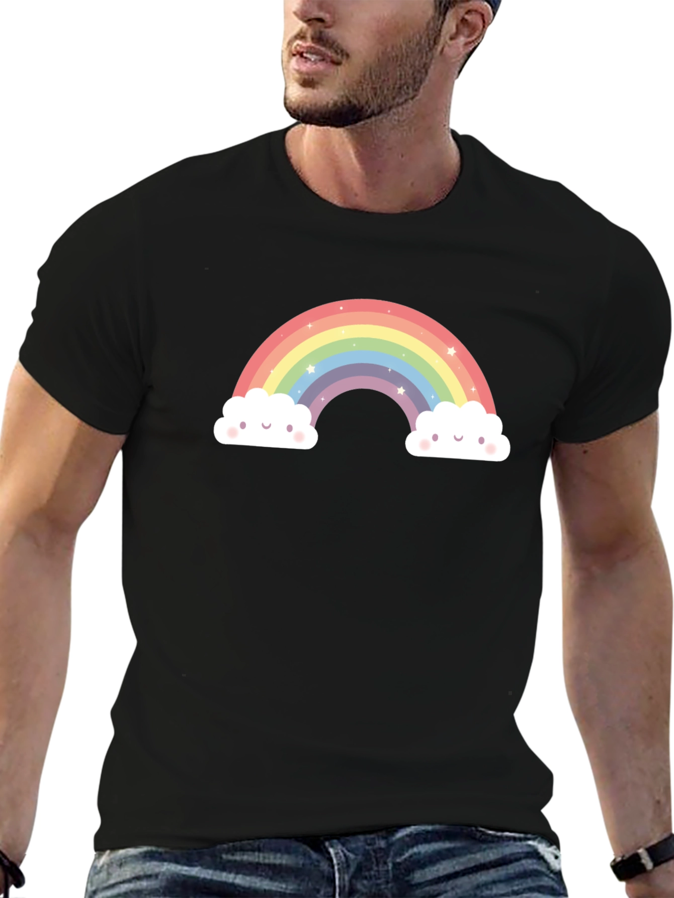 Rainbow Clouds Graphic Tee - Black Cotton Comfort