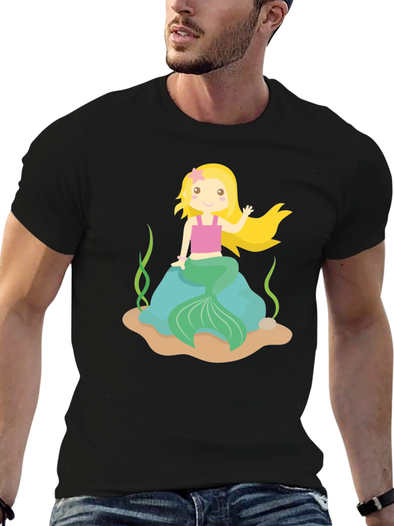 Mermaid Graphic Tee - Black Cotton Shirt
