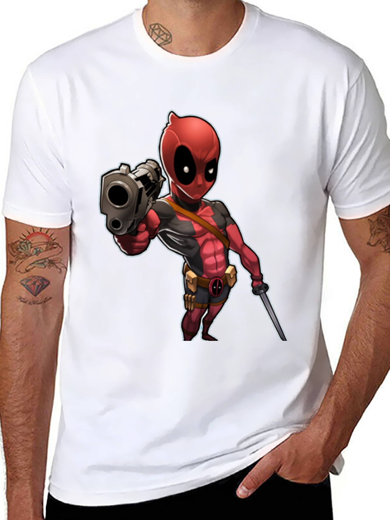 Deadpool Cartoon Graphic Print Black T-Shirt