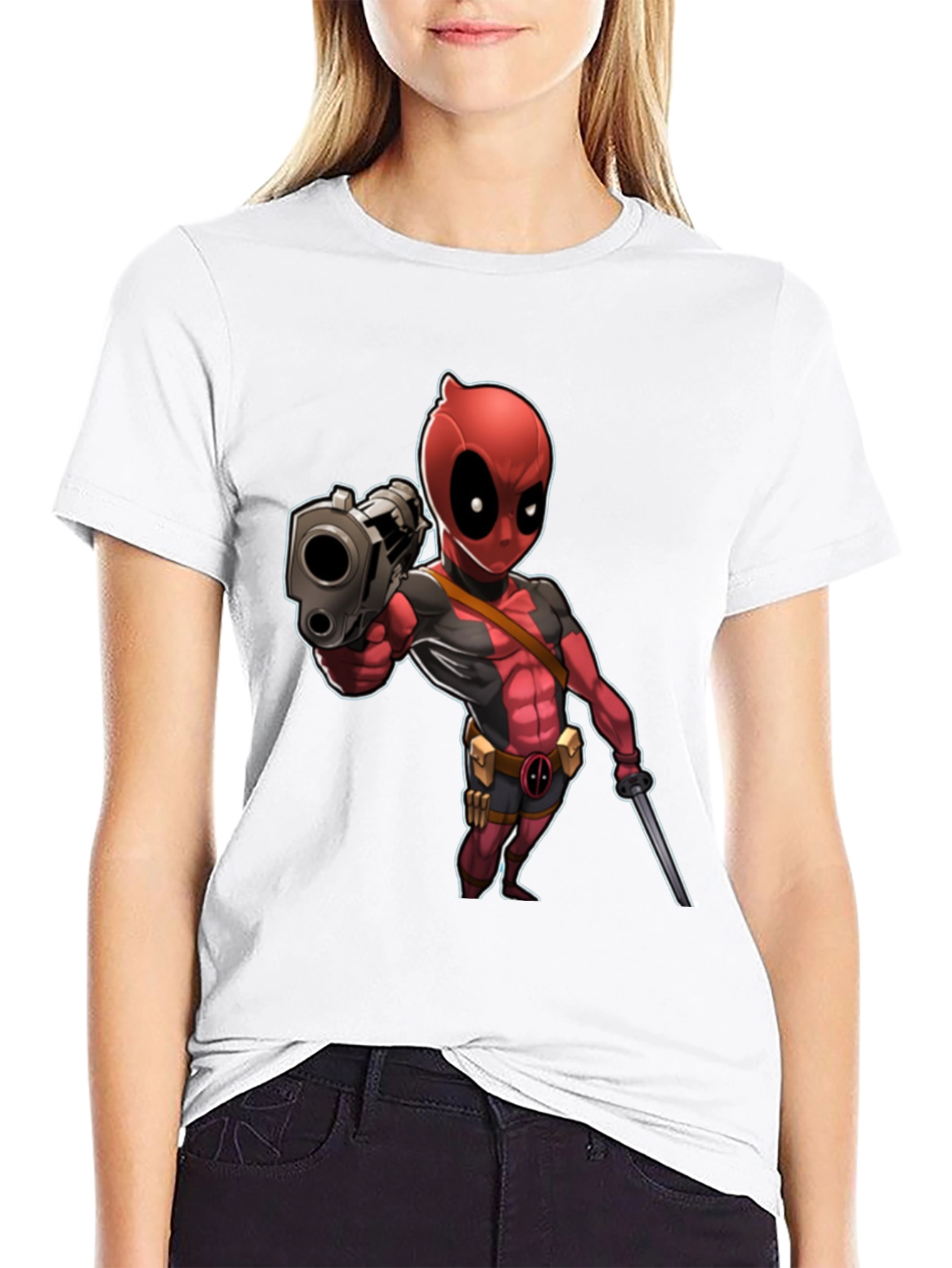 Deadpool Cartoon Graphic Print Black T-Shirt