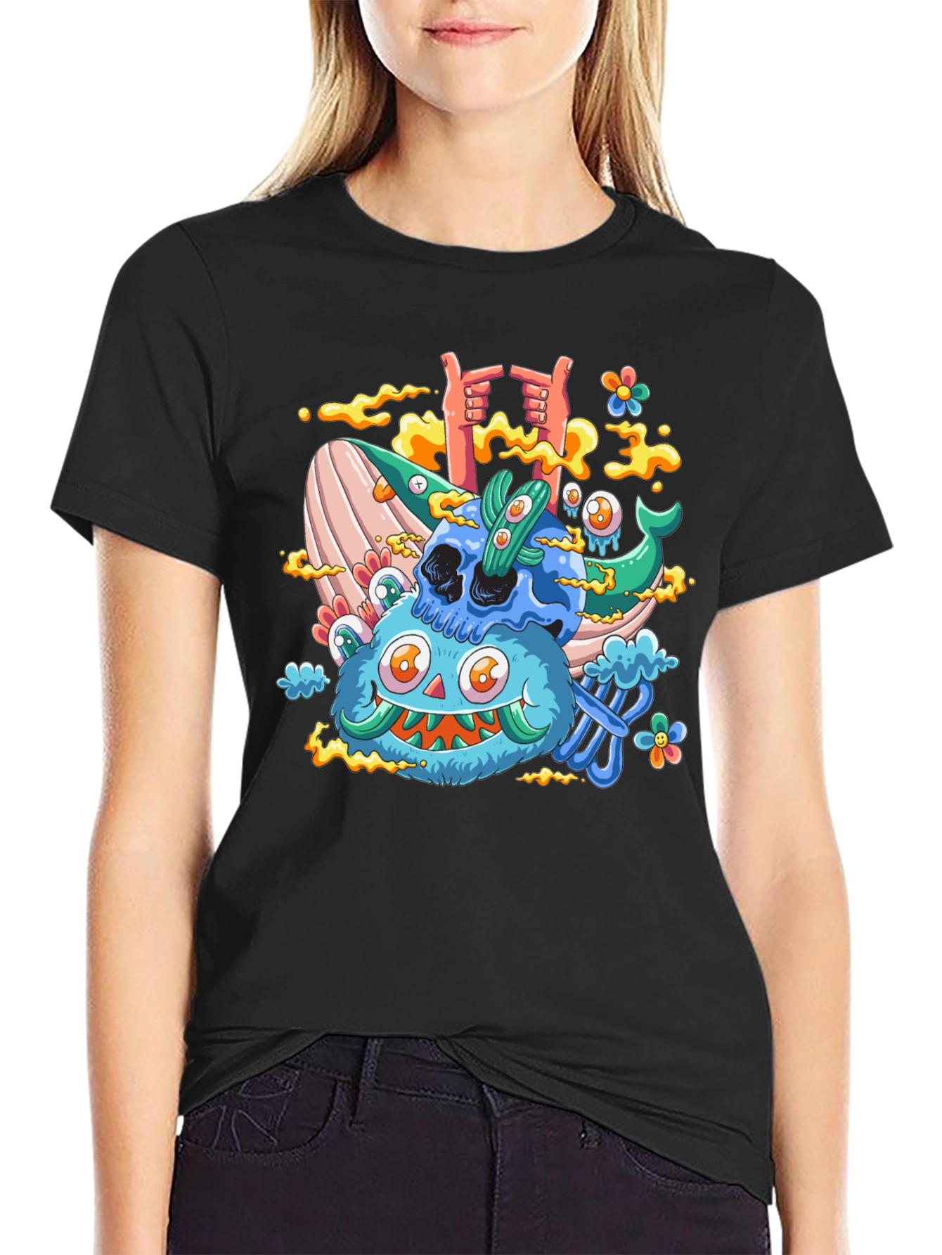 Cartoon Skull & Monster Black T-Shirt