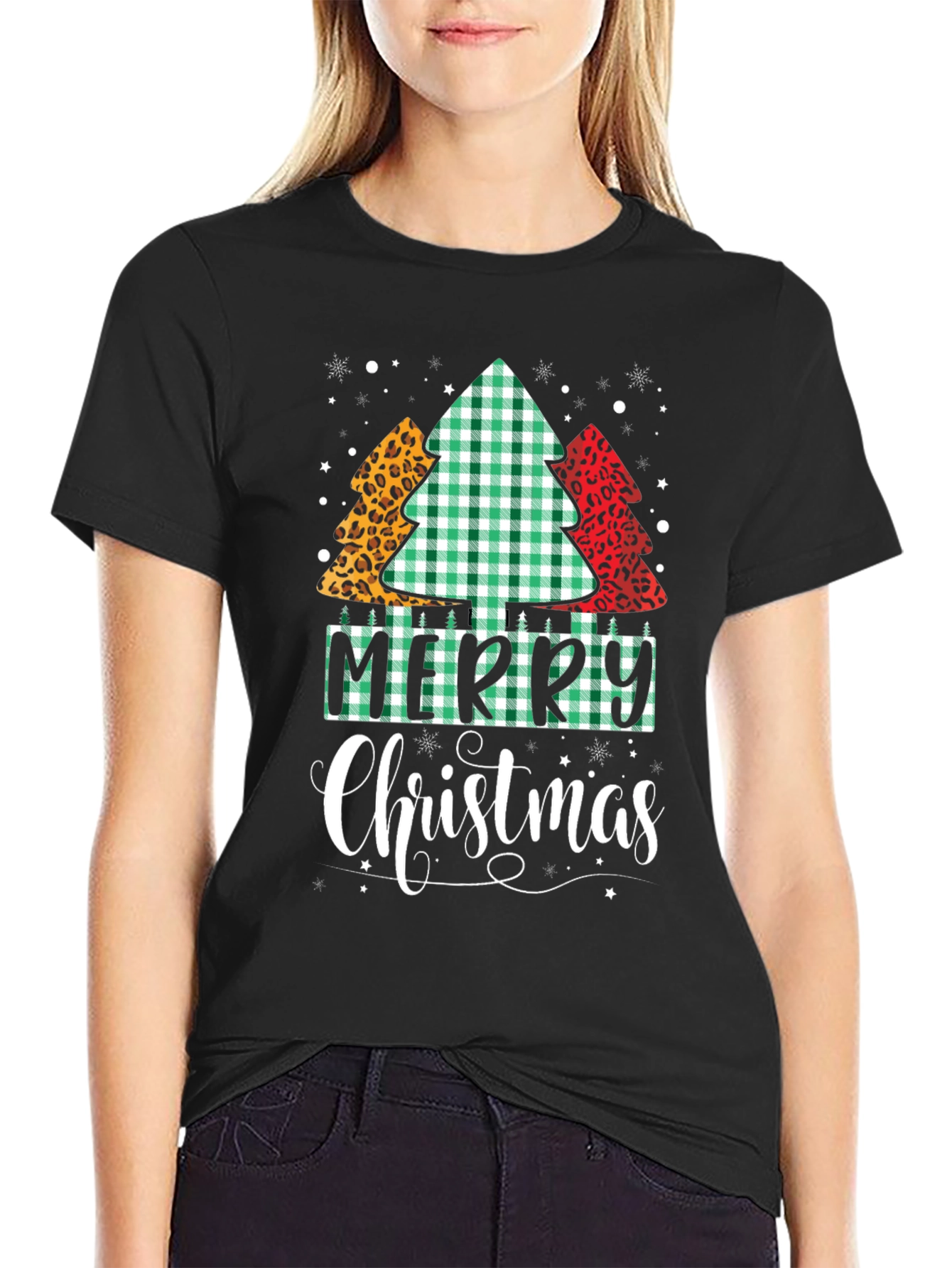 Merry Christmas Tree Pattern Black T-Shirt
