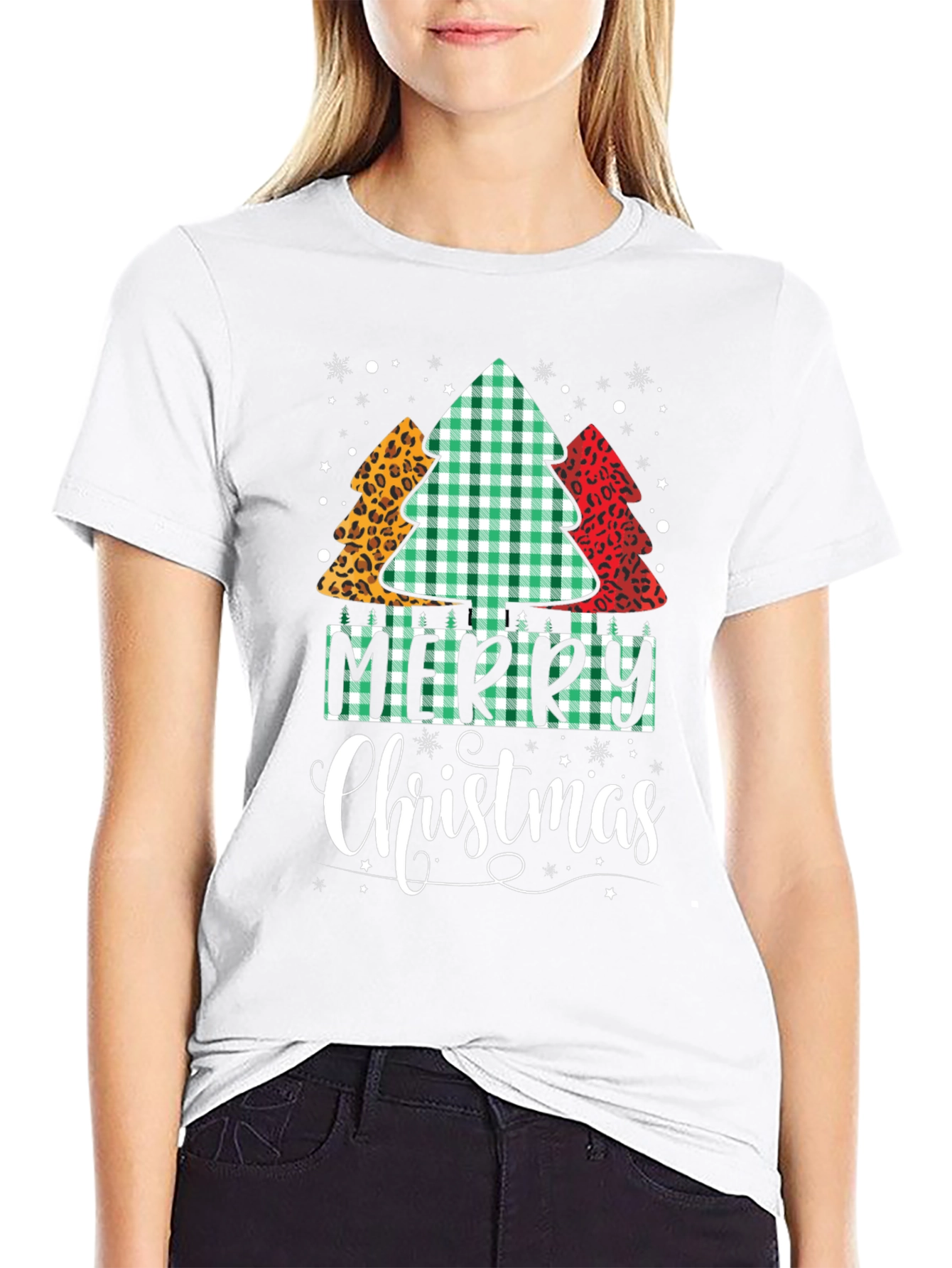 Merry Christmas Tree Pattern Black T-Shirt