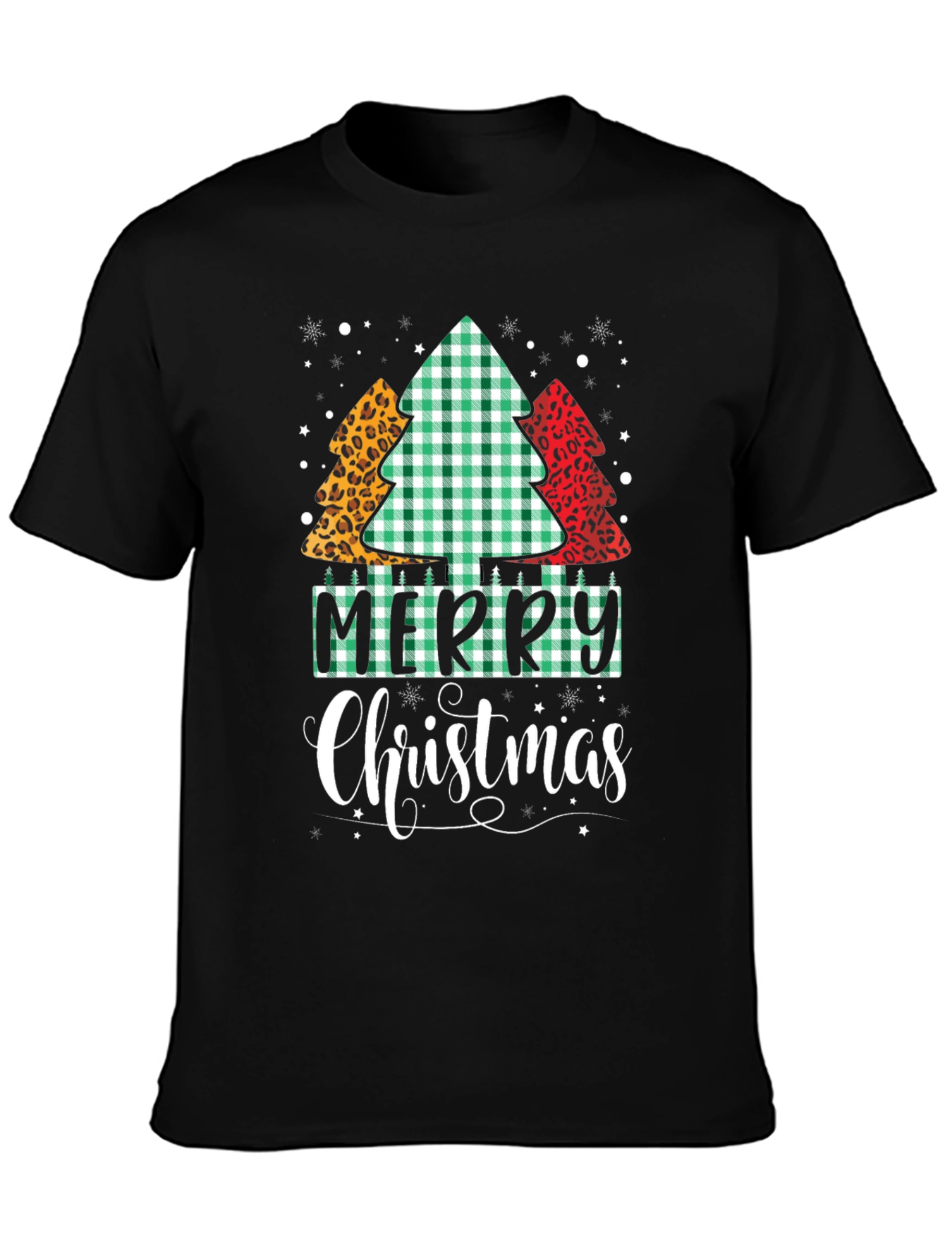 Merry Christmas Tree Pattern Black T-Shirt
