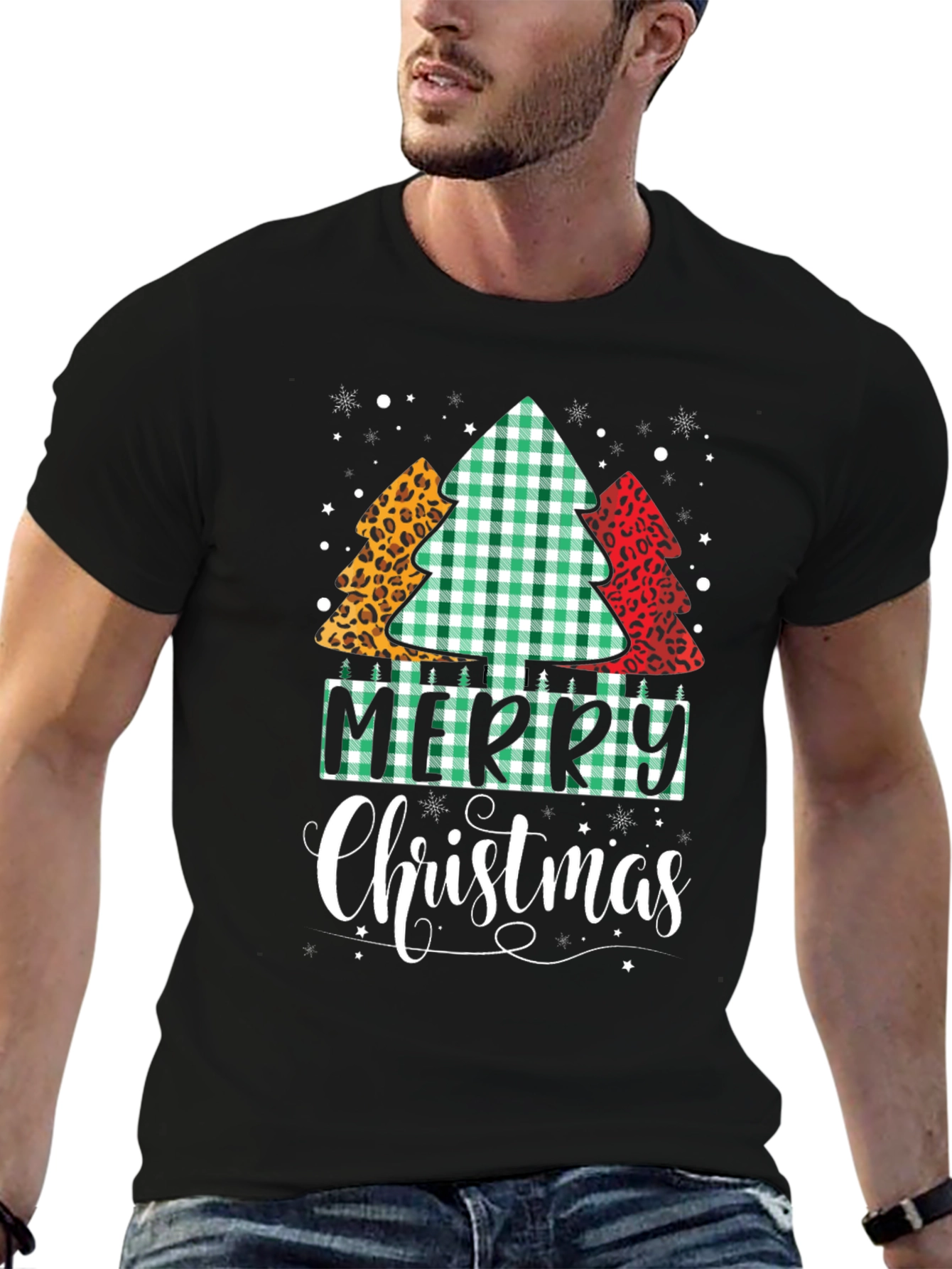 Merry Christmas Tree Pattern Black T-Shirt