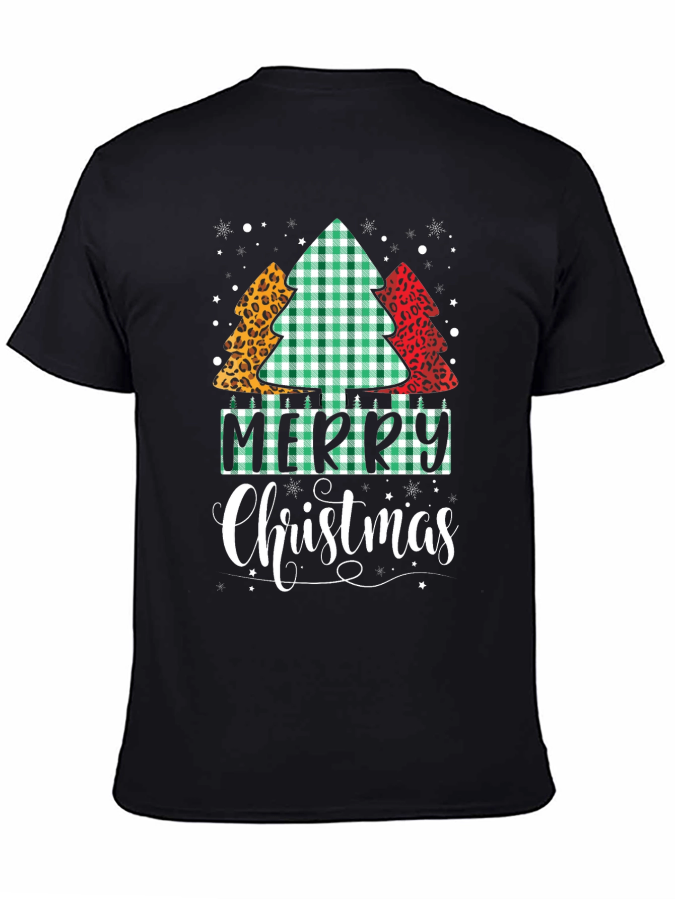 Merry Christmas Tree Pattern Black T-Shirt