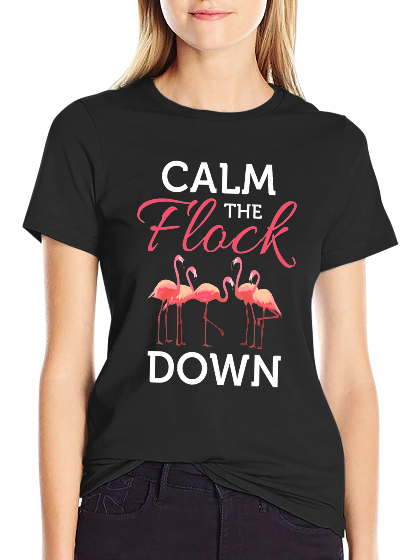 Calm the Flock Down Flamingo Graphic T-Shirt