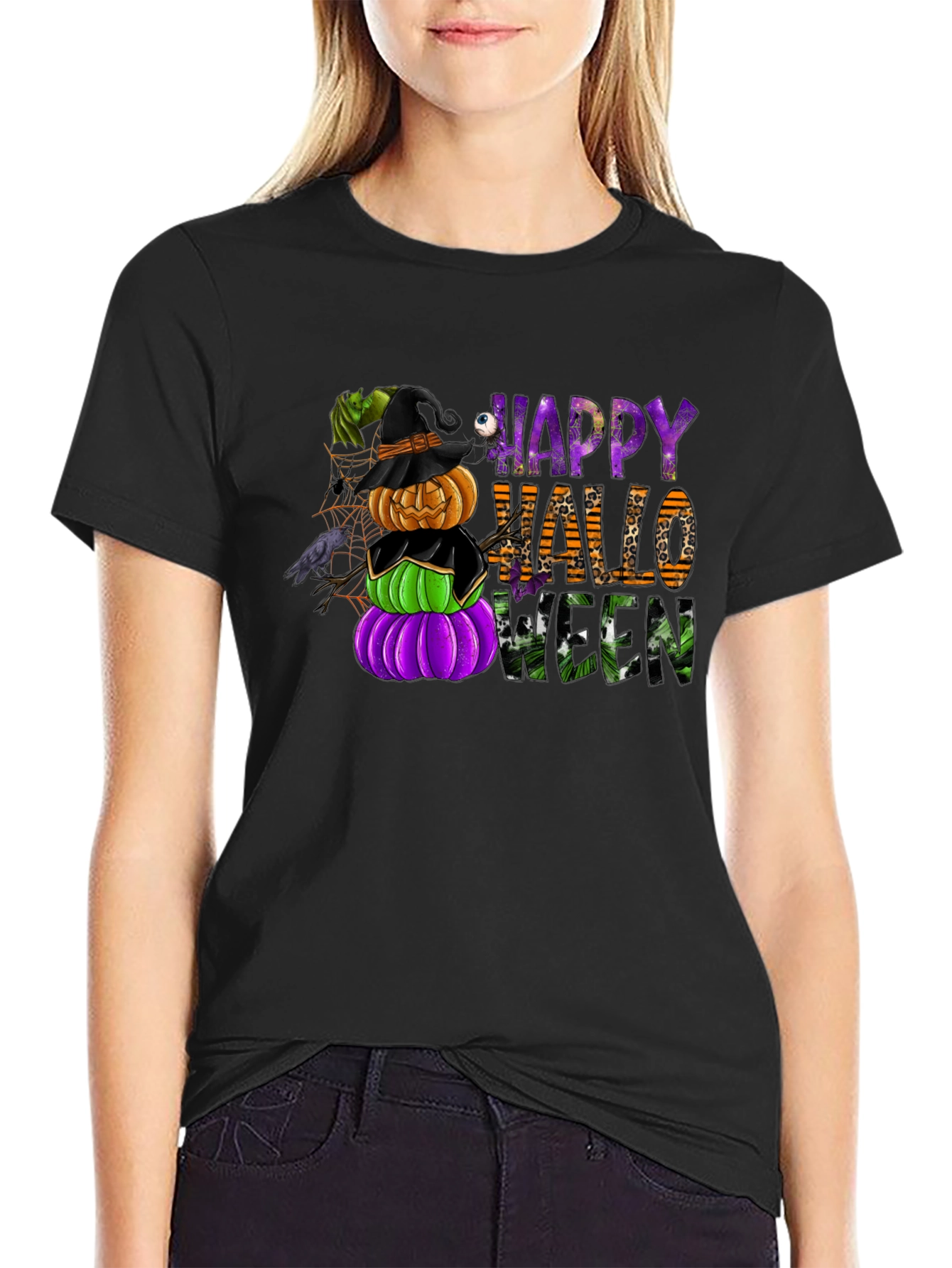 Happy Halloween Stacked Pumpkins Tee