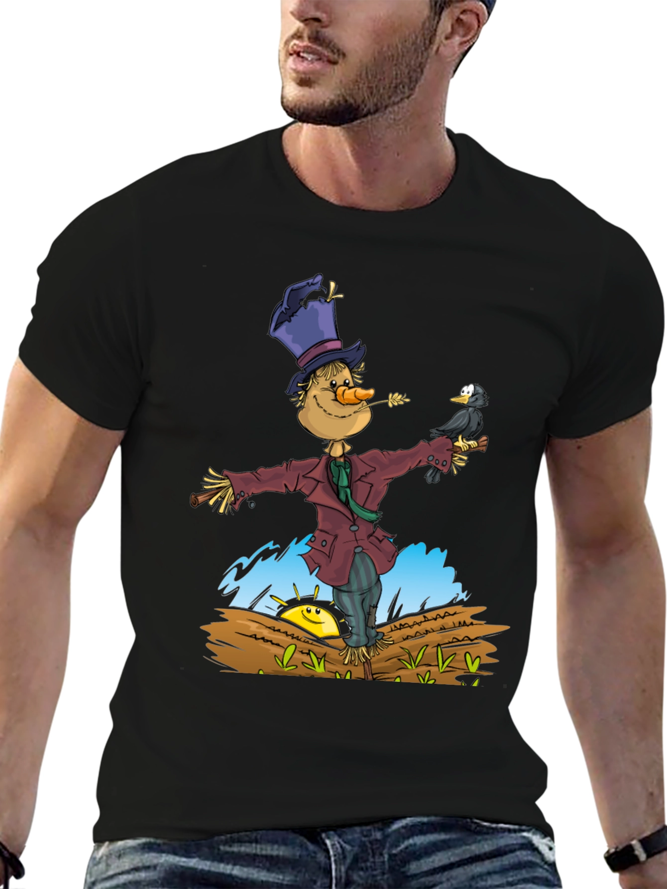 Scarecrow & Crow Graphic Tee - Black Cotton T-Shirt