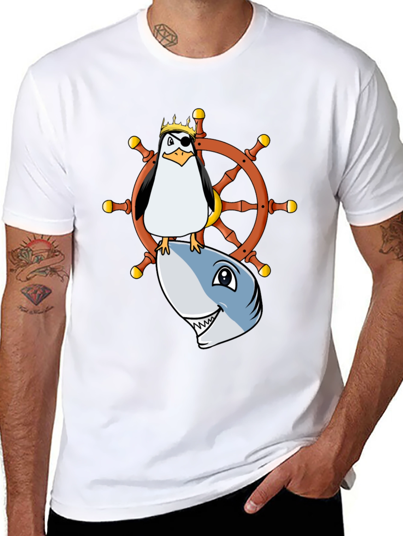 Pirate Penguin Shark Helm Funny T-Shirt