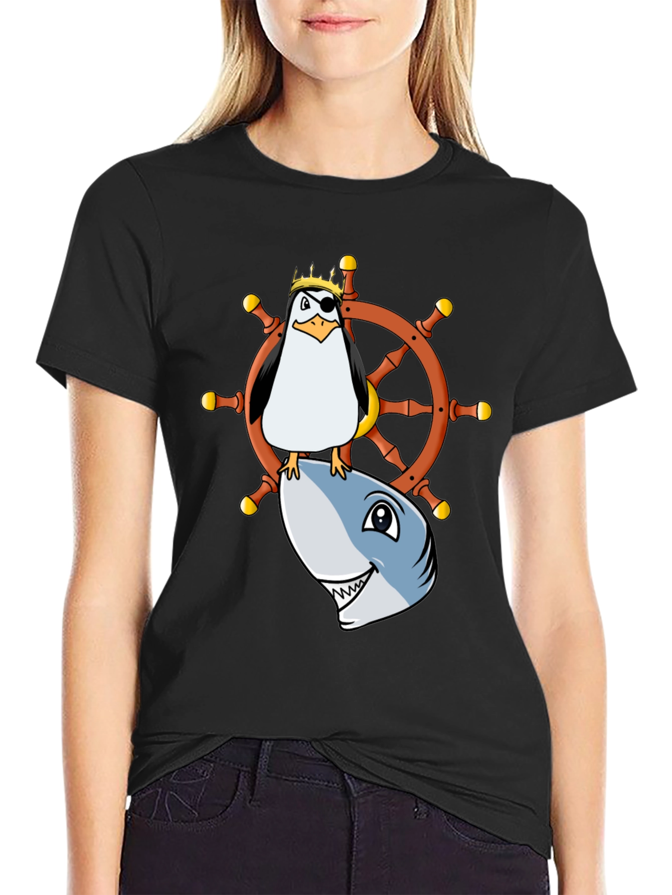 Pirate Penguin Shark Helm Funny T-Shirt