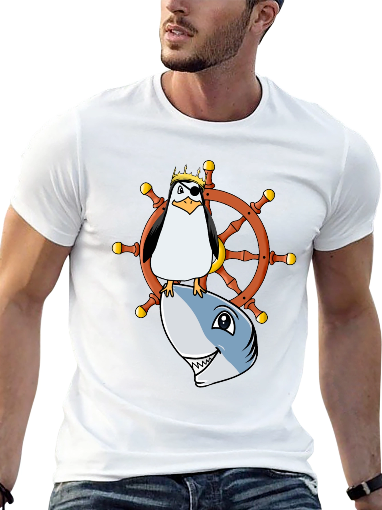 Pirate Penguin Shark Helm Funny T-Shirt