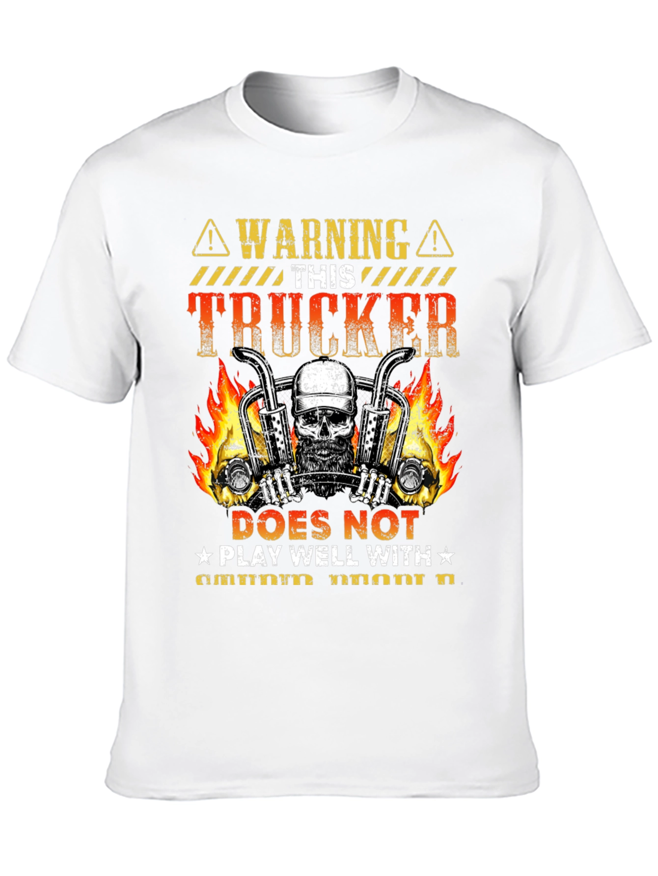 Warning Trucker T-Shirt: Skull & Flames Design