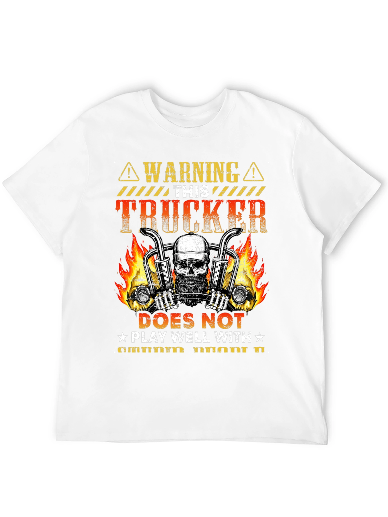 Warning Trucker T-Shirt: Skull & Flames Design