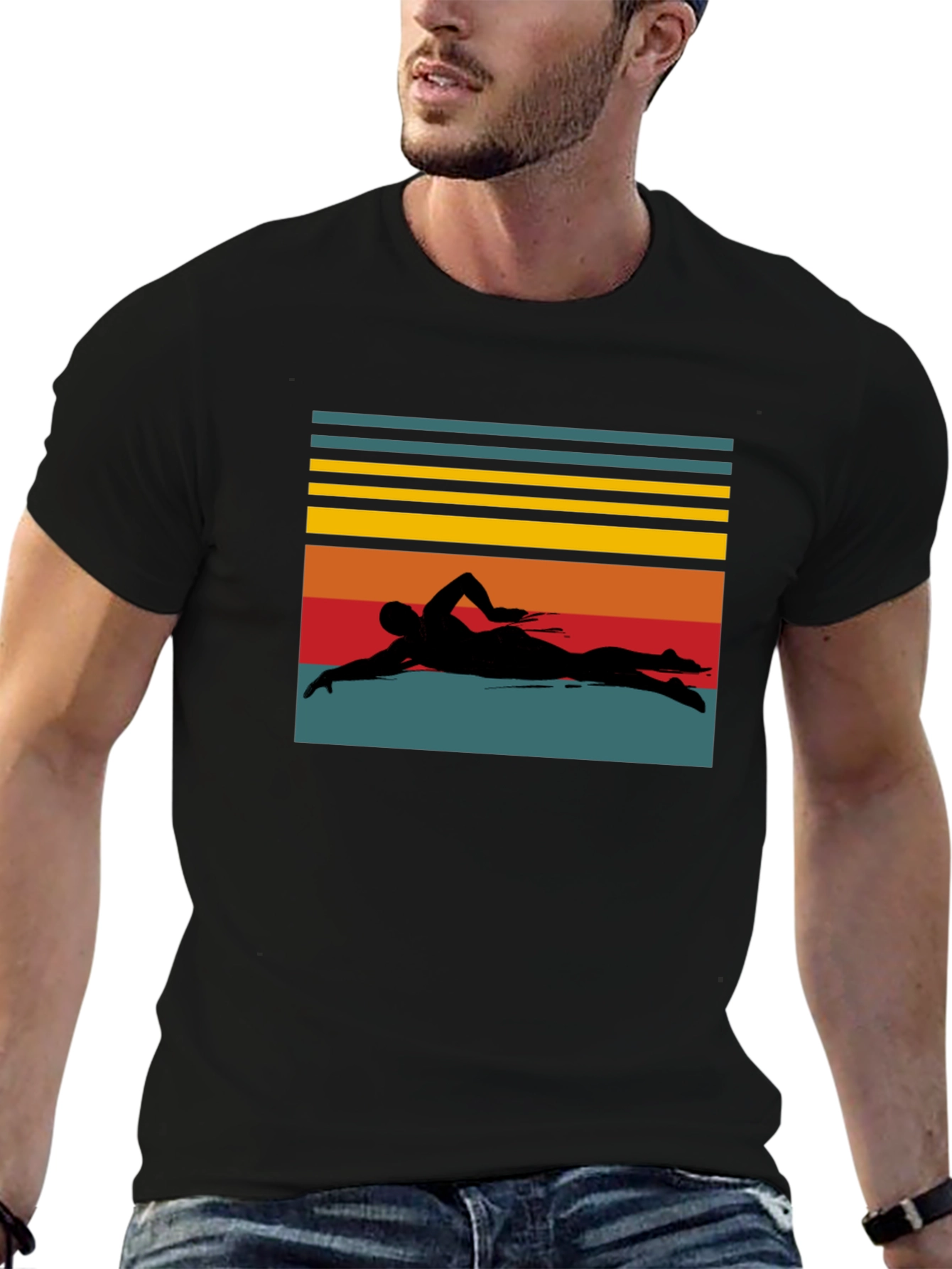 Retro Swimmer Silhouette Black T-Shirt