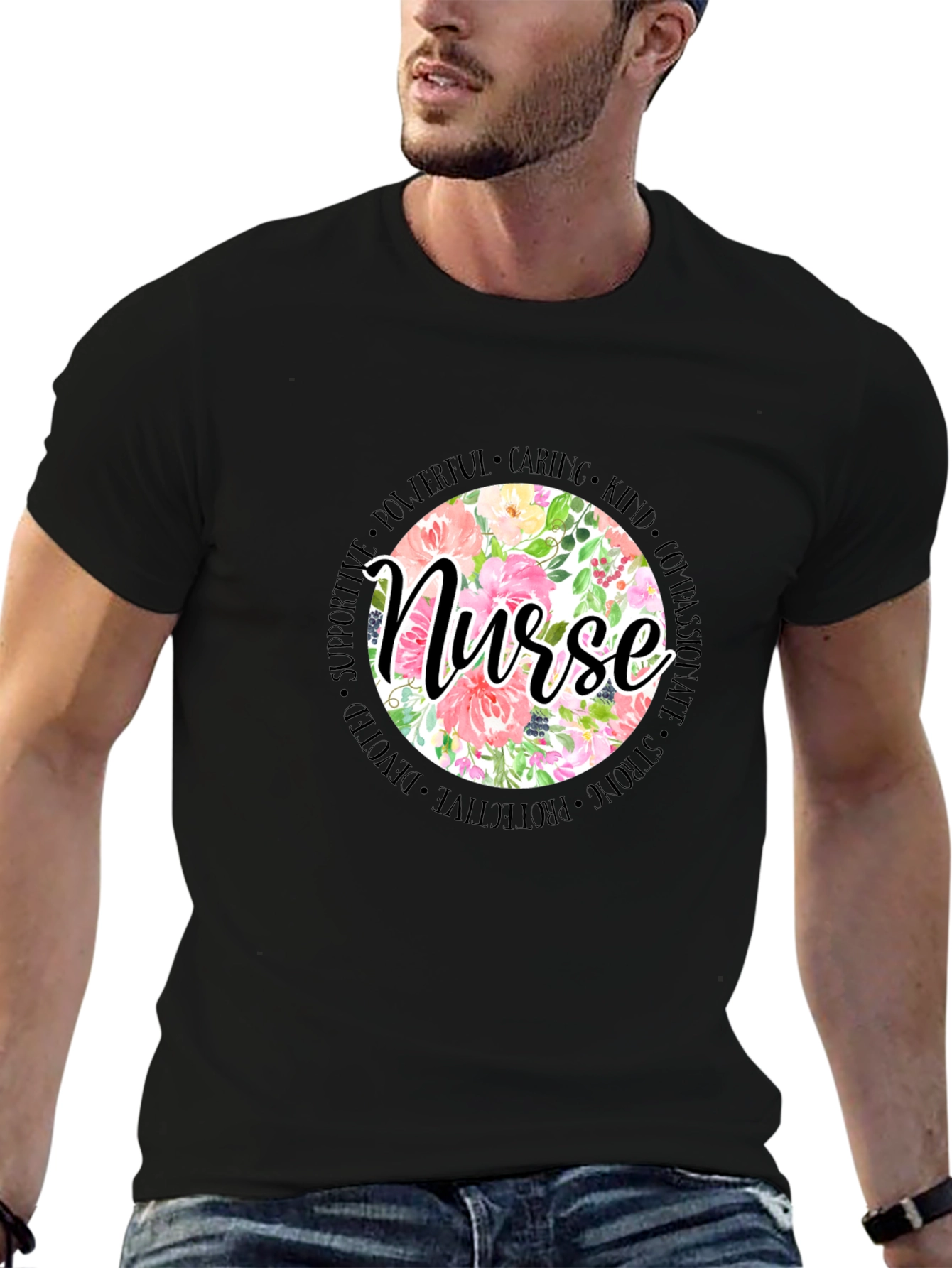Floral Nurse T-Shirt - Caring Strong Devoted