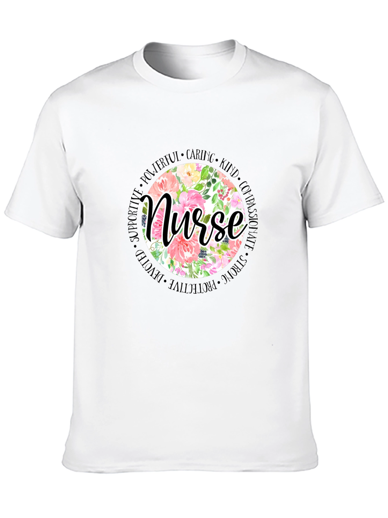 Floral Nurse T-Shirt - Caring Strong Devoted