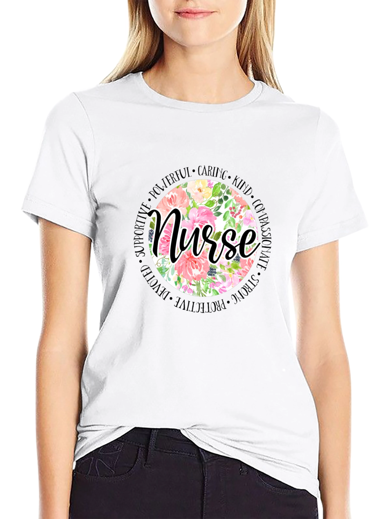 Floral Nurse T-Shirt - Caring Strong Devoted