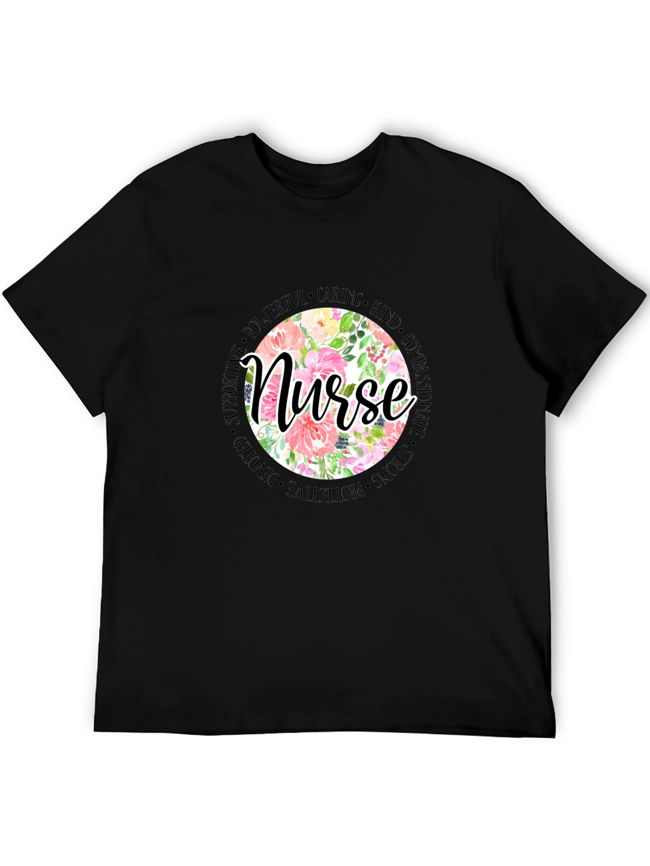 Floral Nurse T-Shirt - Caring Strong Devoted