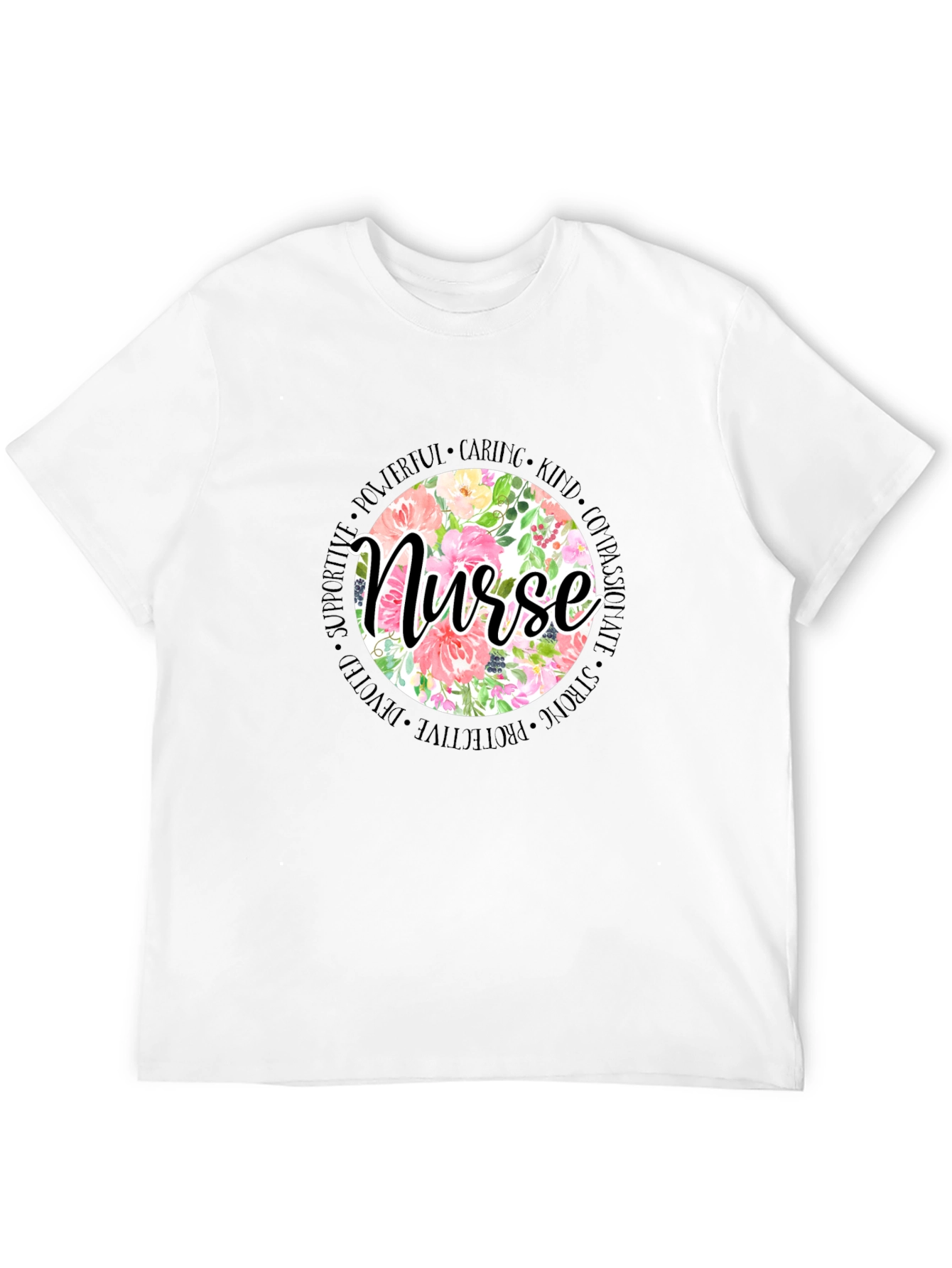 Floral Nurse T-Shirt - Caring Strong Devoted
