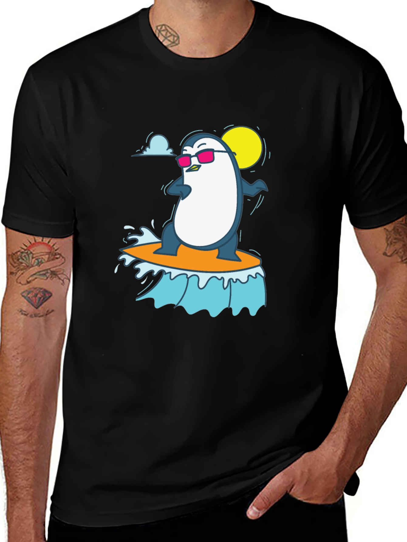 Cool Surfing Penguin Graphic Tee - Black T-Shirt