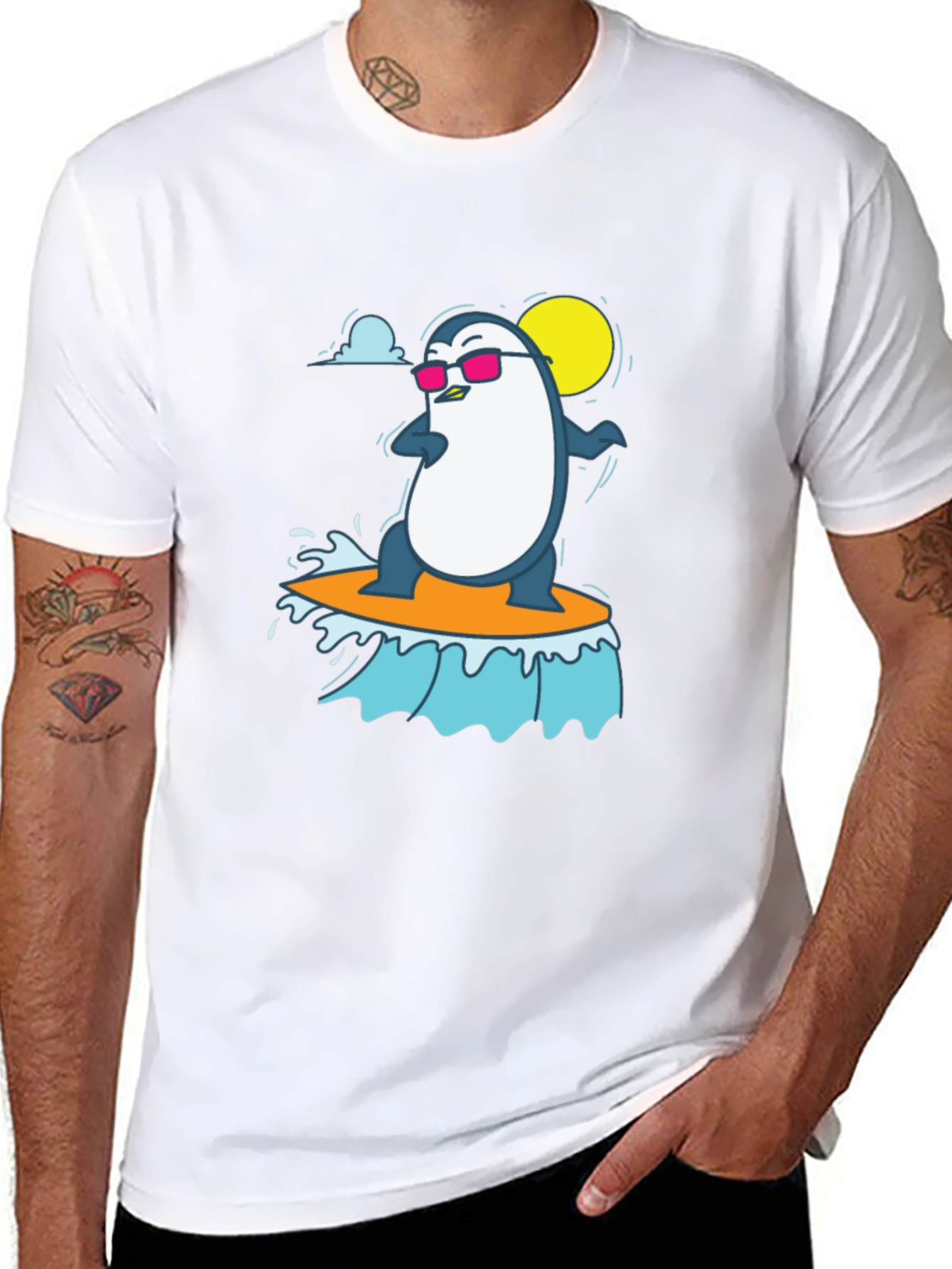 Cool Surfing Penguin Graphic Tee - Black T-Shirt