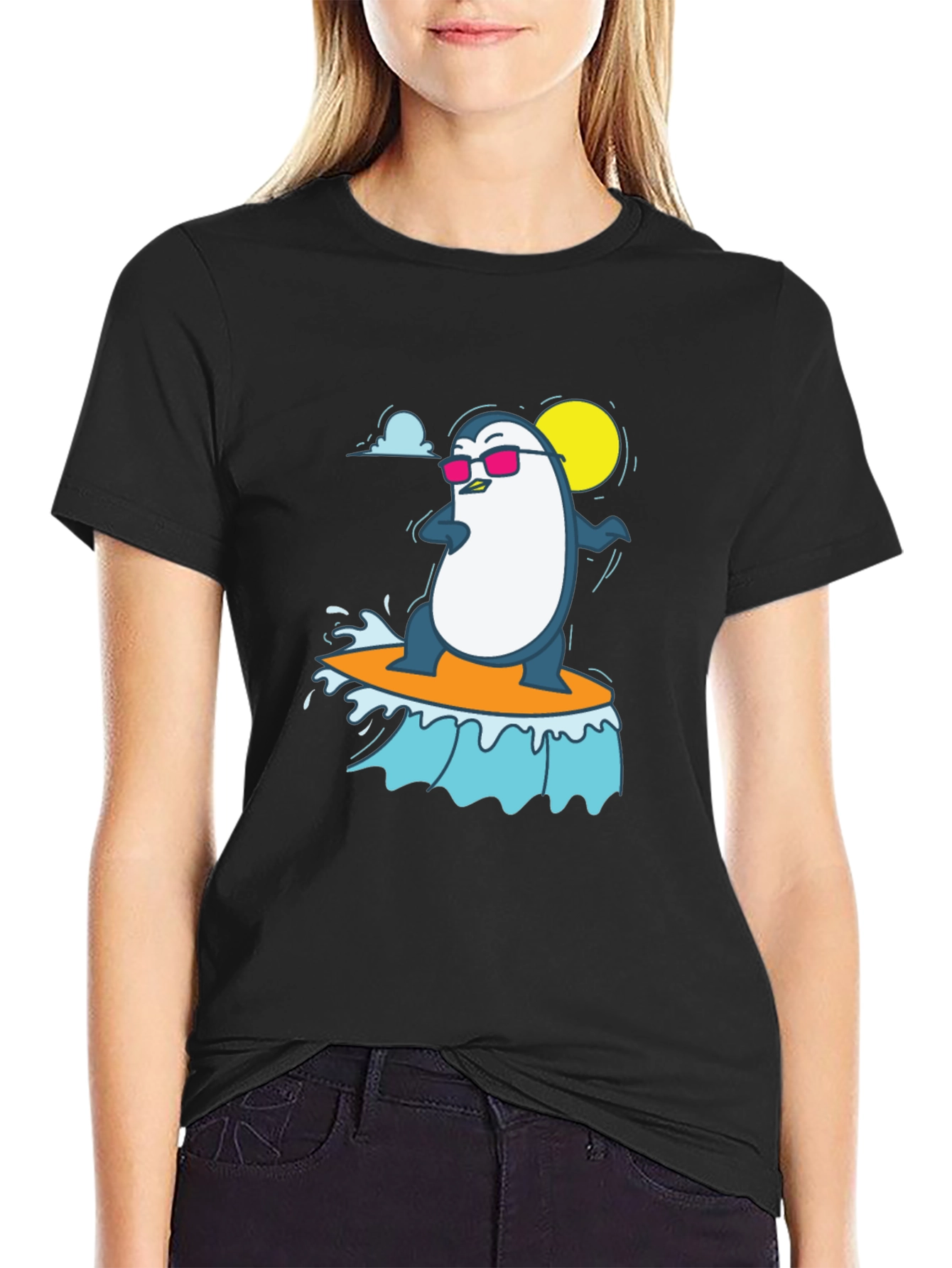 Cool Surfing Penguin Graphic Tee - Black T-Shirt