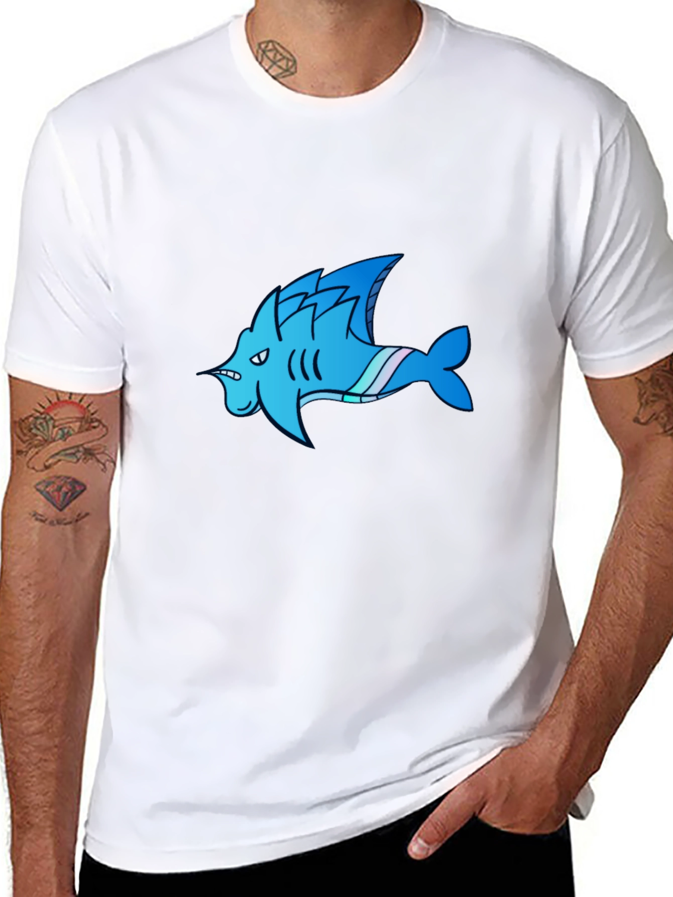 Cool Blue Shark Cartoon Graphic Black T-Shirt