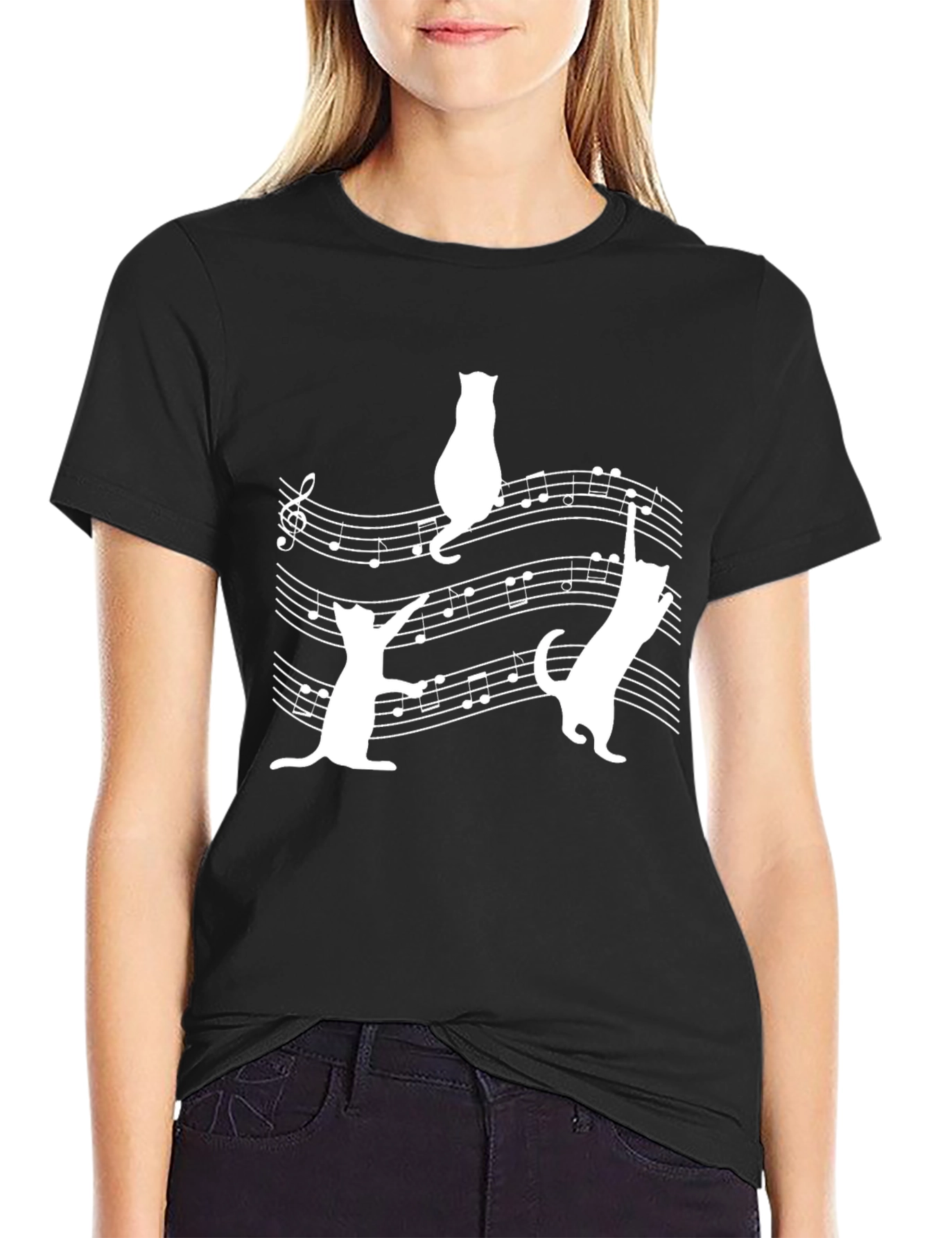 Cats on Sheet Music Black T-Shirt