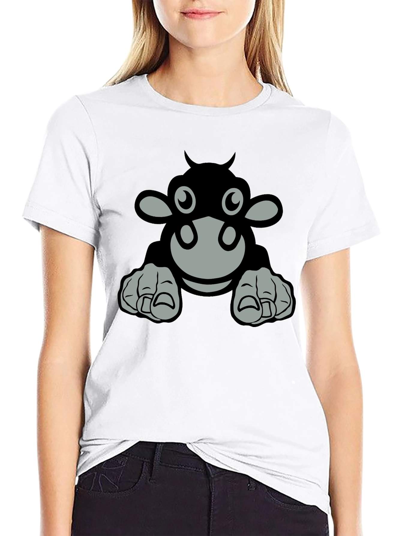 Cartoon Cow Graphic Tee - Black T-Shirt