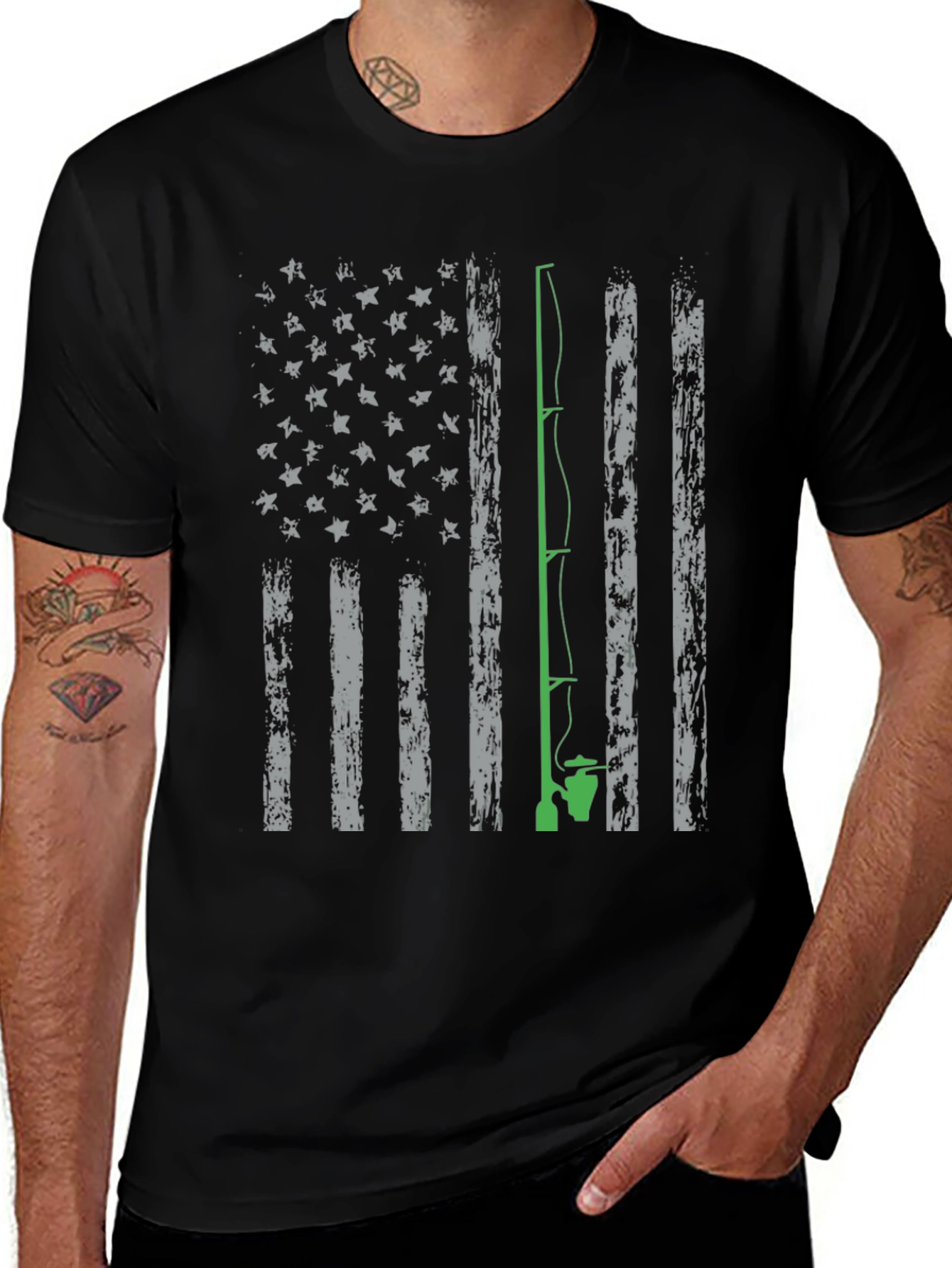 Fishing Rod American Flag Graphic T-Shirt