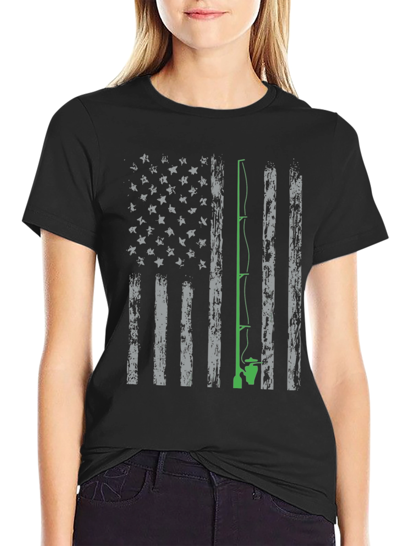 Fishing Rod American Flag Graphic T-Shirt