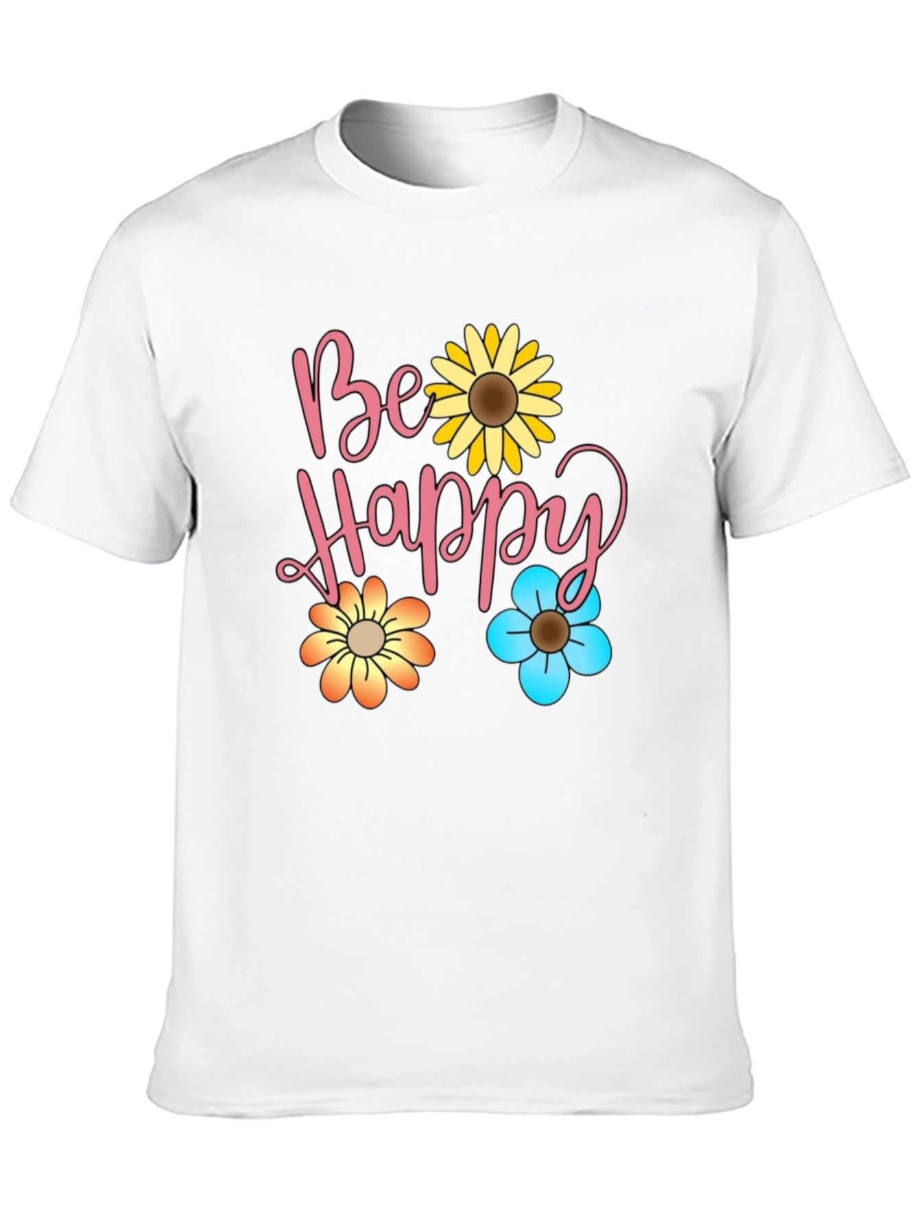 Be Happy Floral Print Black T-Shirt