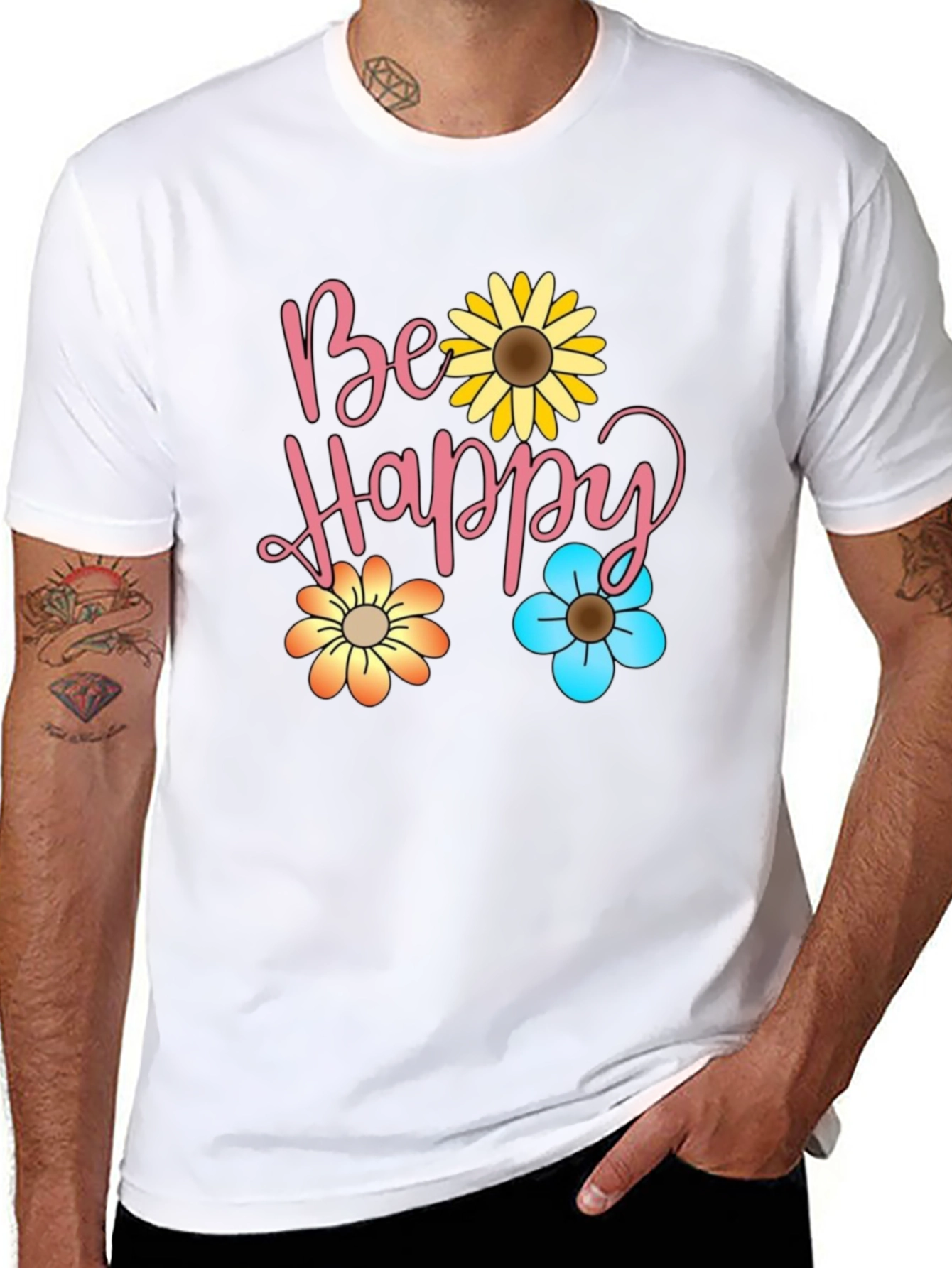 Be Happy Floral Print Black T-Shirt