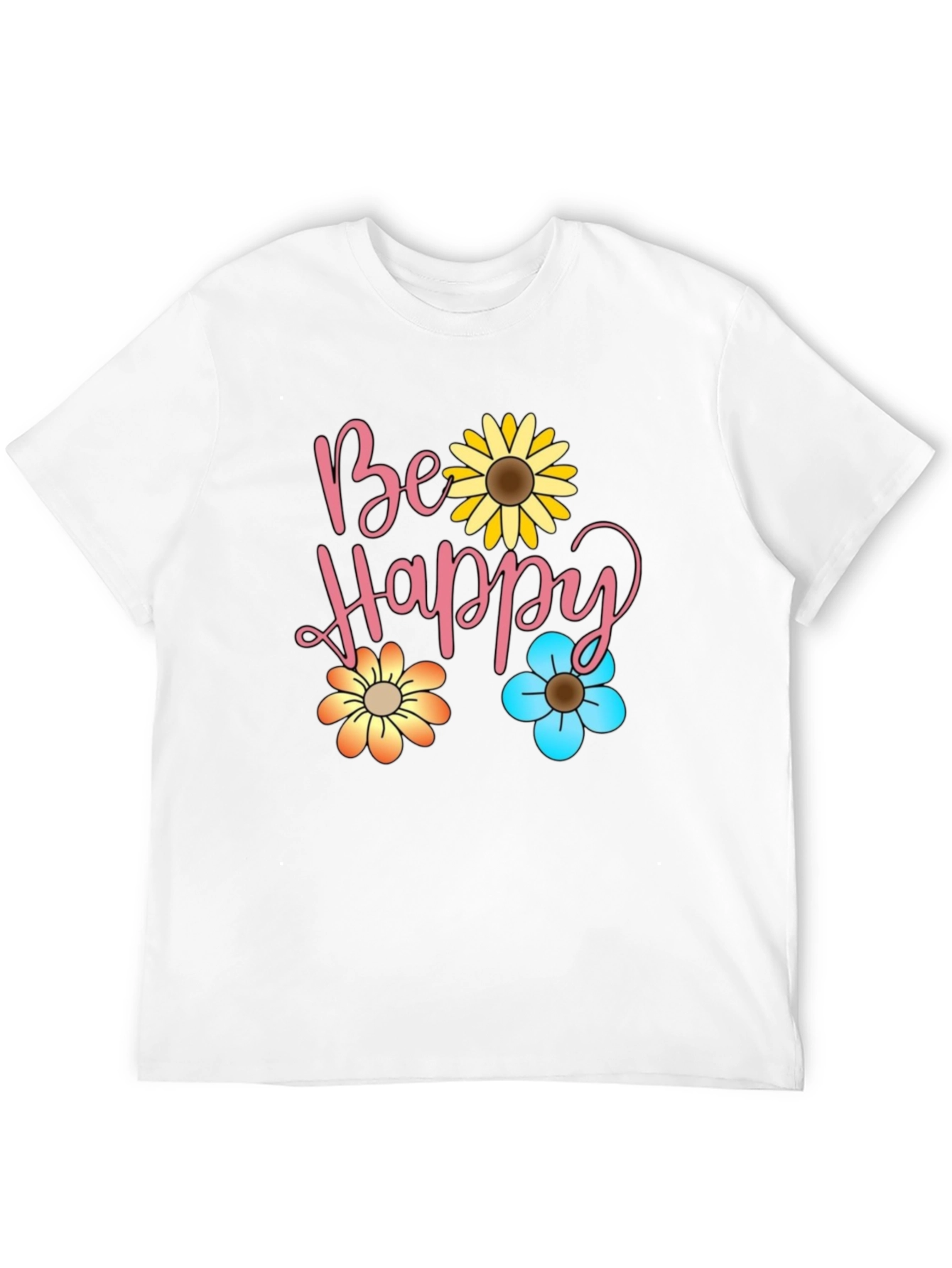 Be Happy Floral Print Black T-Shirt