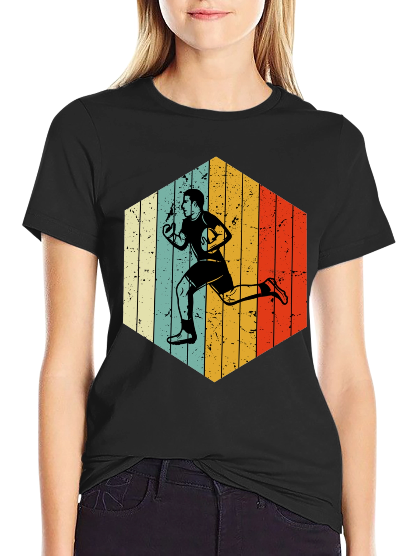 Retro Rugby Player Hexagon Graphic T-Shirt