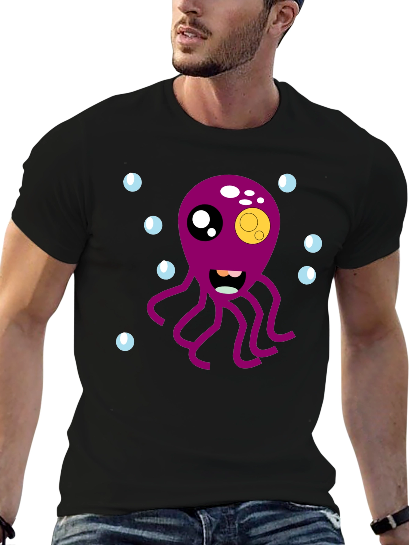 Cute Octopus Cartoon Graphic T-Shirt - Black