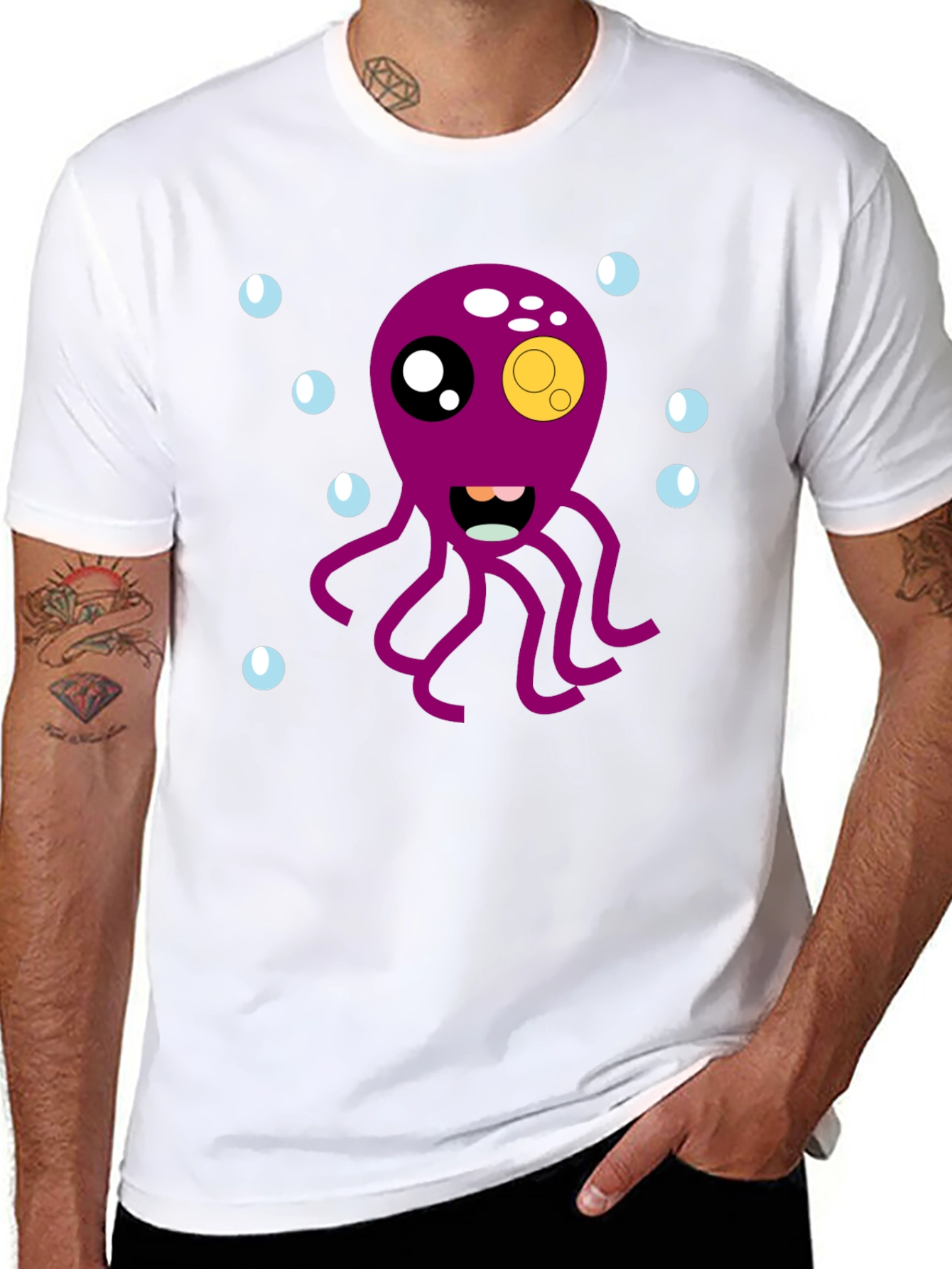 Cute Octopus Cartoon Graphic T-Shirt - Black