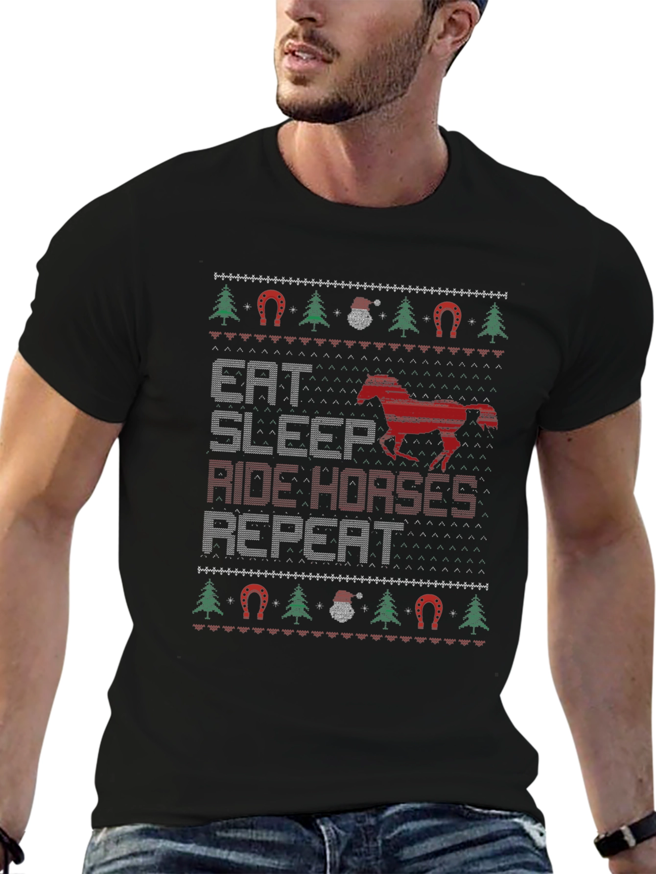 Eat Sleep Ride Horses Ugly Christmas T-Shirt