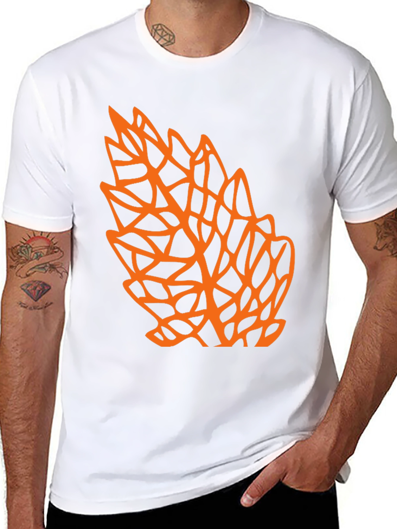 Geometric Orange Leaf Graphic Black T-Shirt